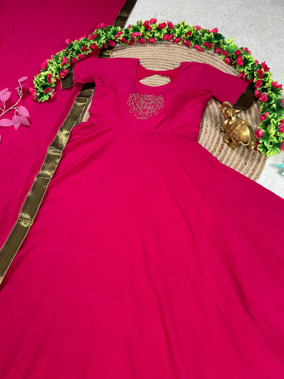 Mull cotton muggu design gown with duppata