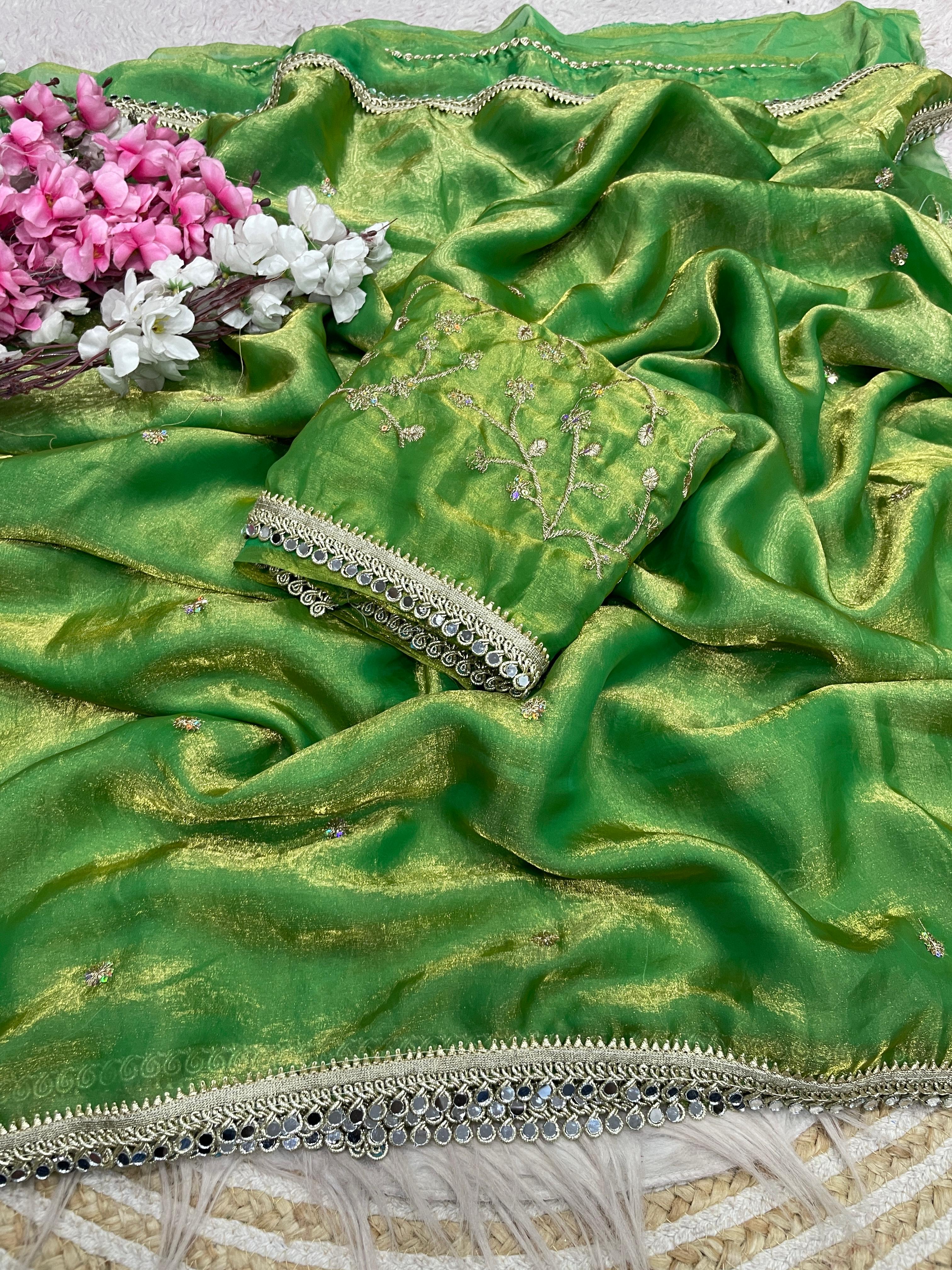 Fandy satin mirror work lace border saree