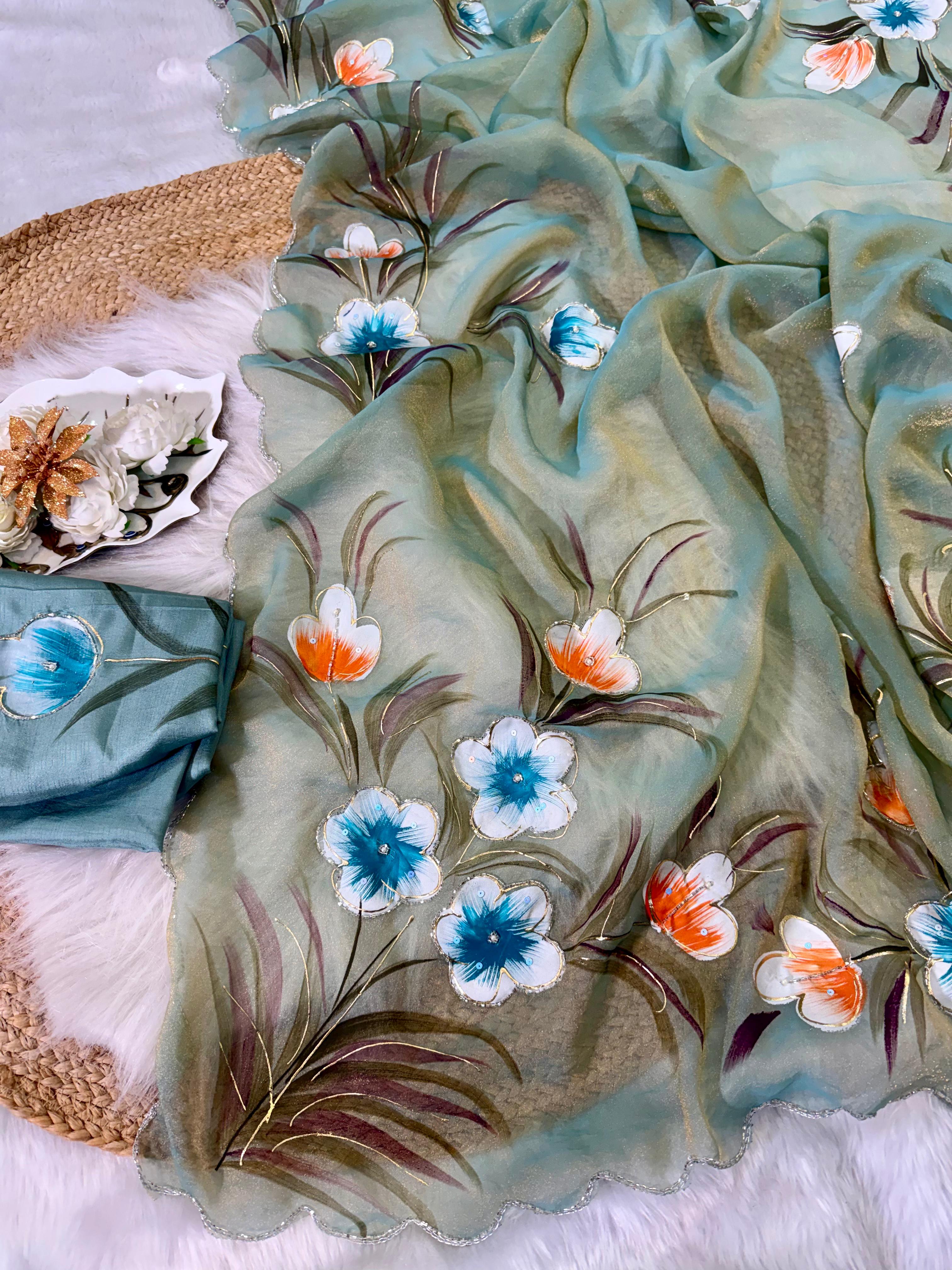 Moss shiffon hand brush flower paint saree