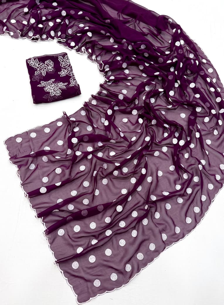 polka dot thread work scalp border saree