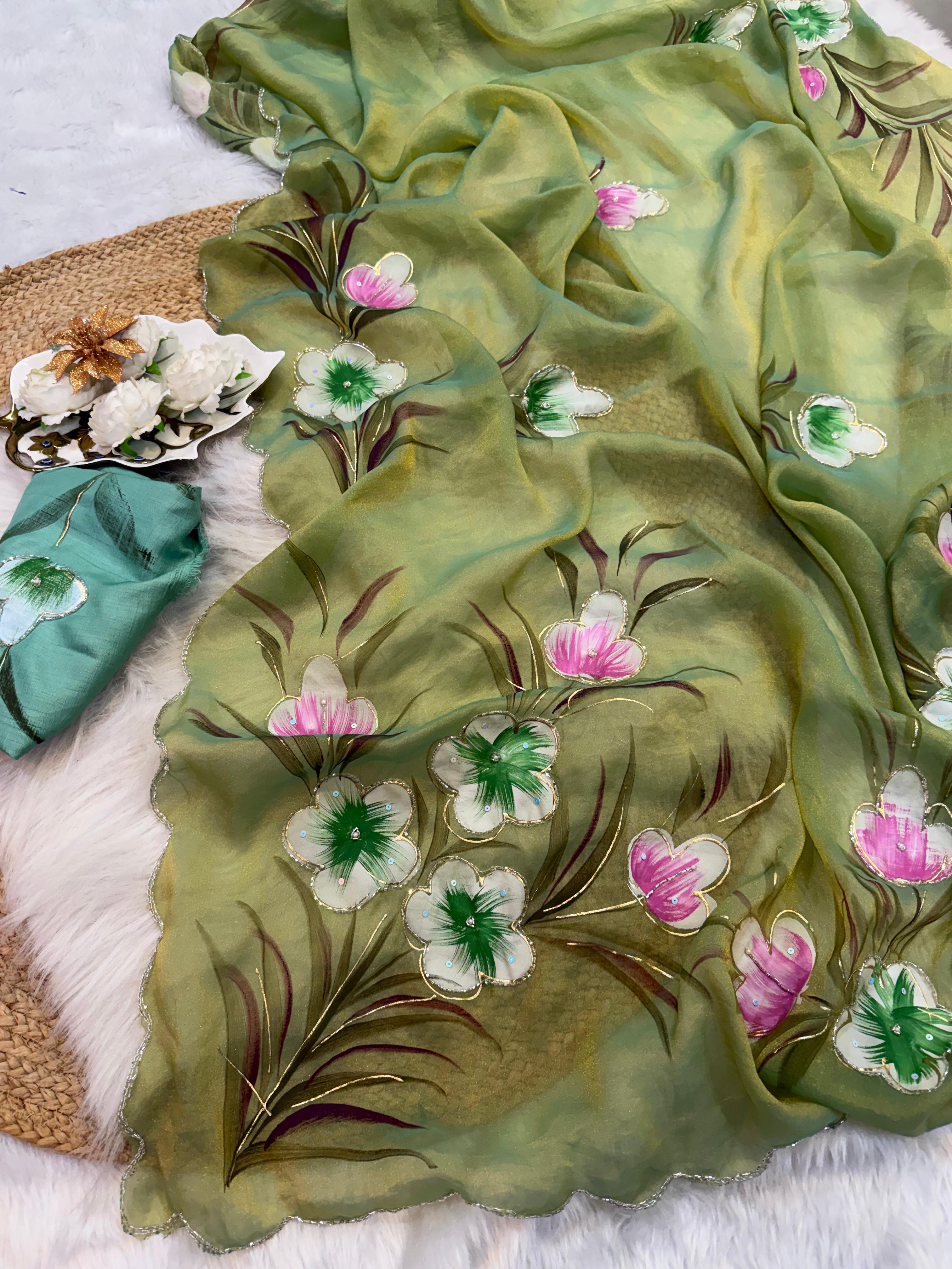 Moss shiffon hand brush flower paint saree