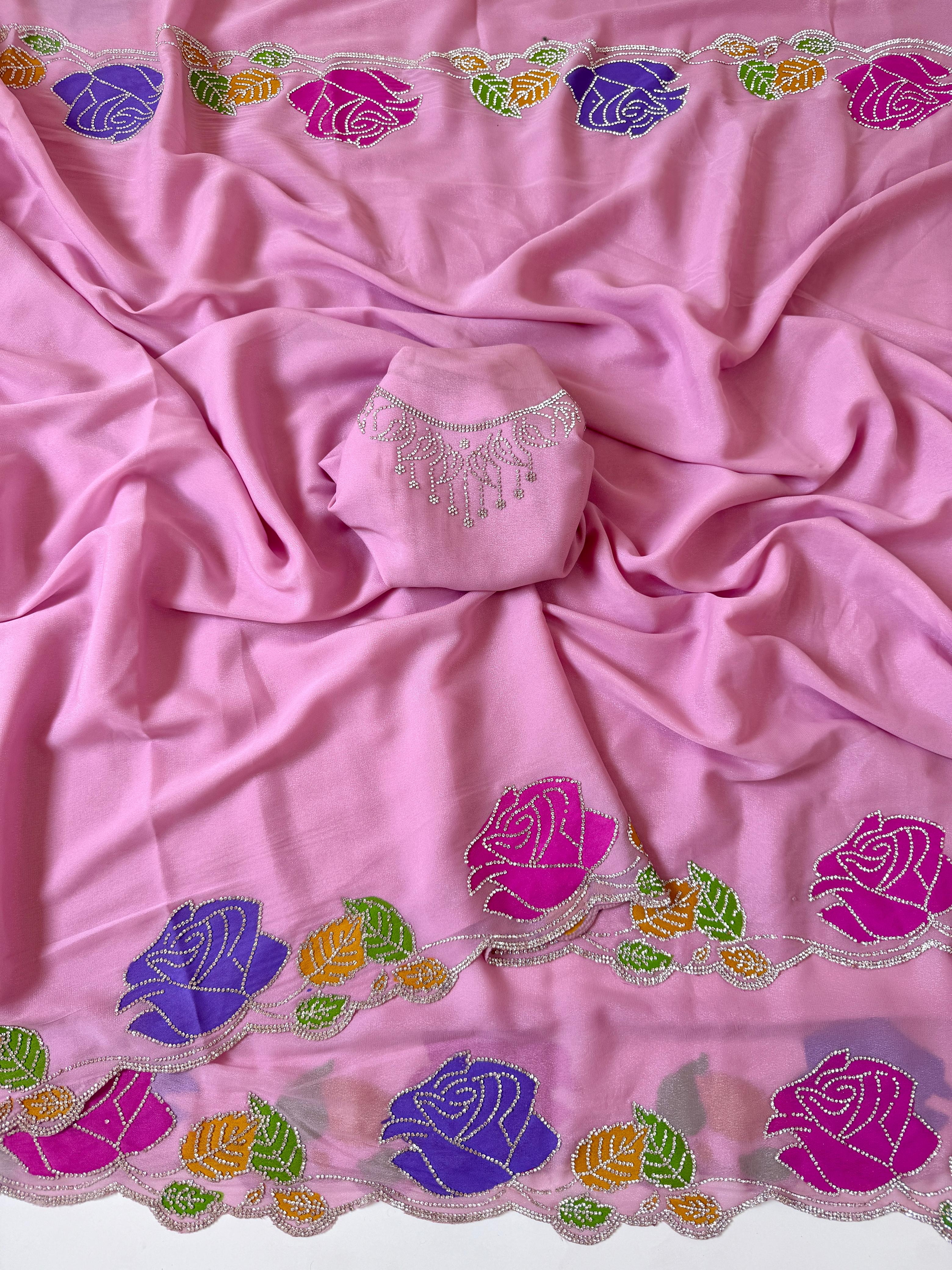 Star georgette hand painted Rose  jarkhana work saree