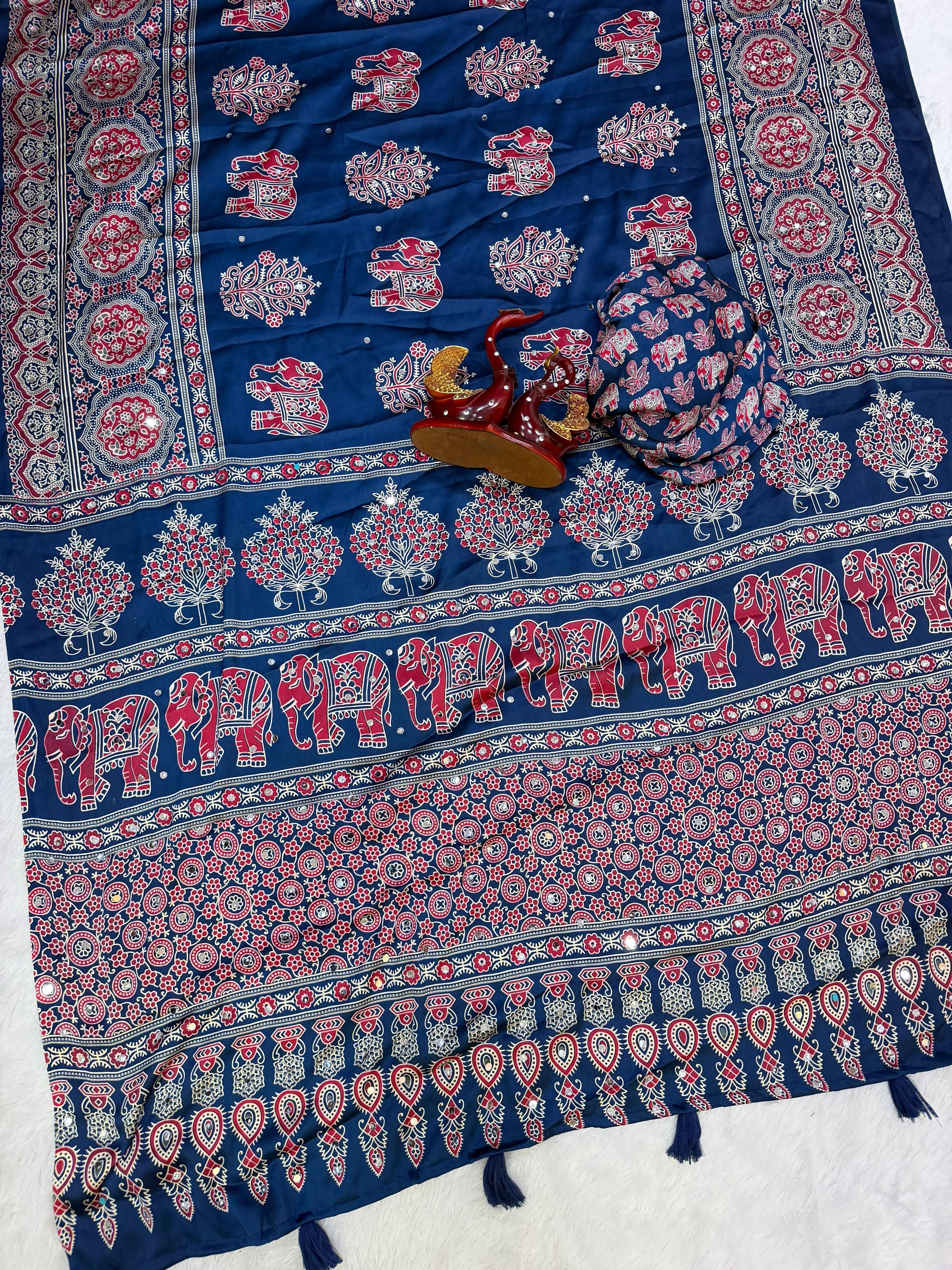 Japan satin beautiful Ajarakh print mirror work saree ✨