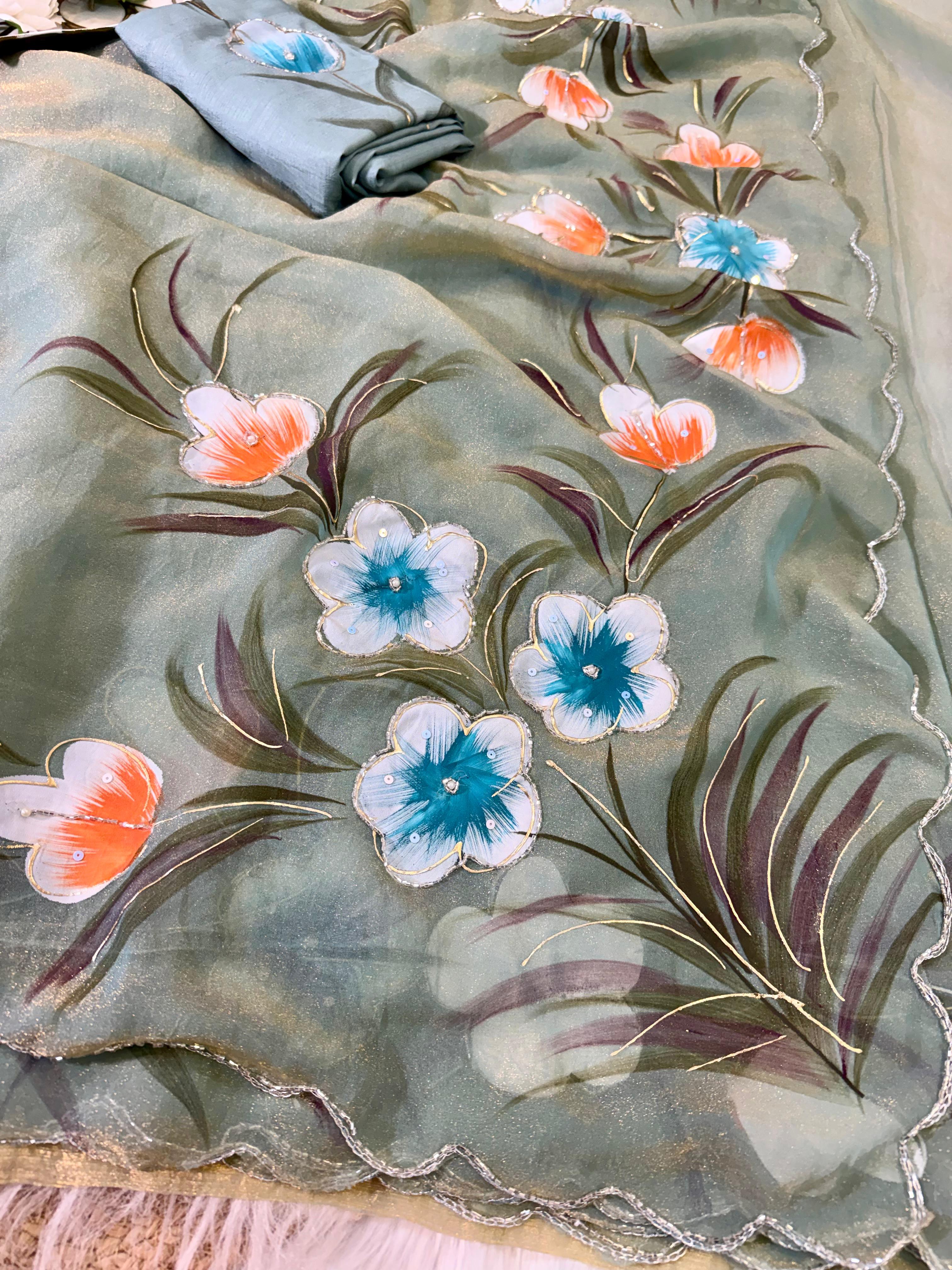 Moss shiffon hand brush flower paint saree