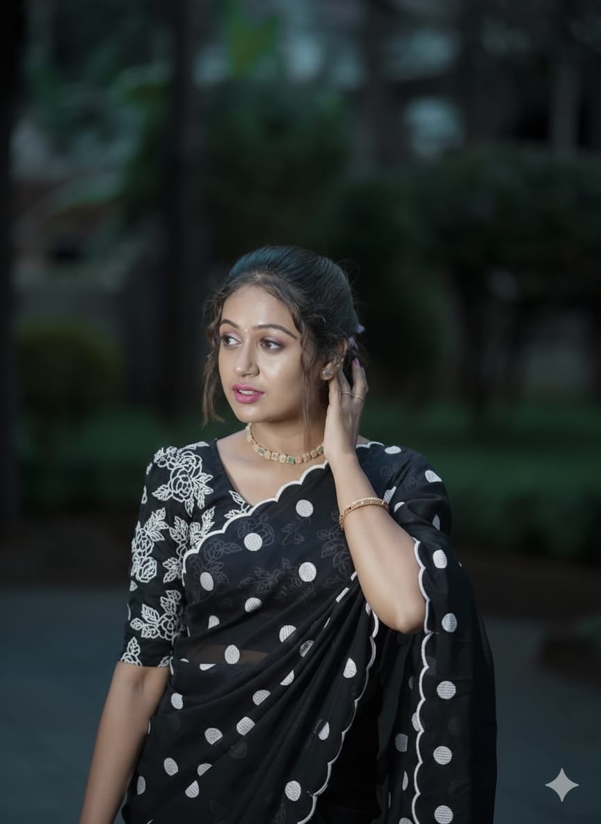 polka dot thread work scalp border saree