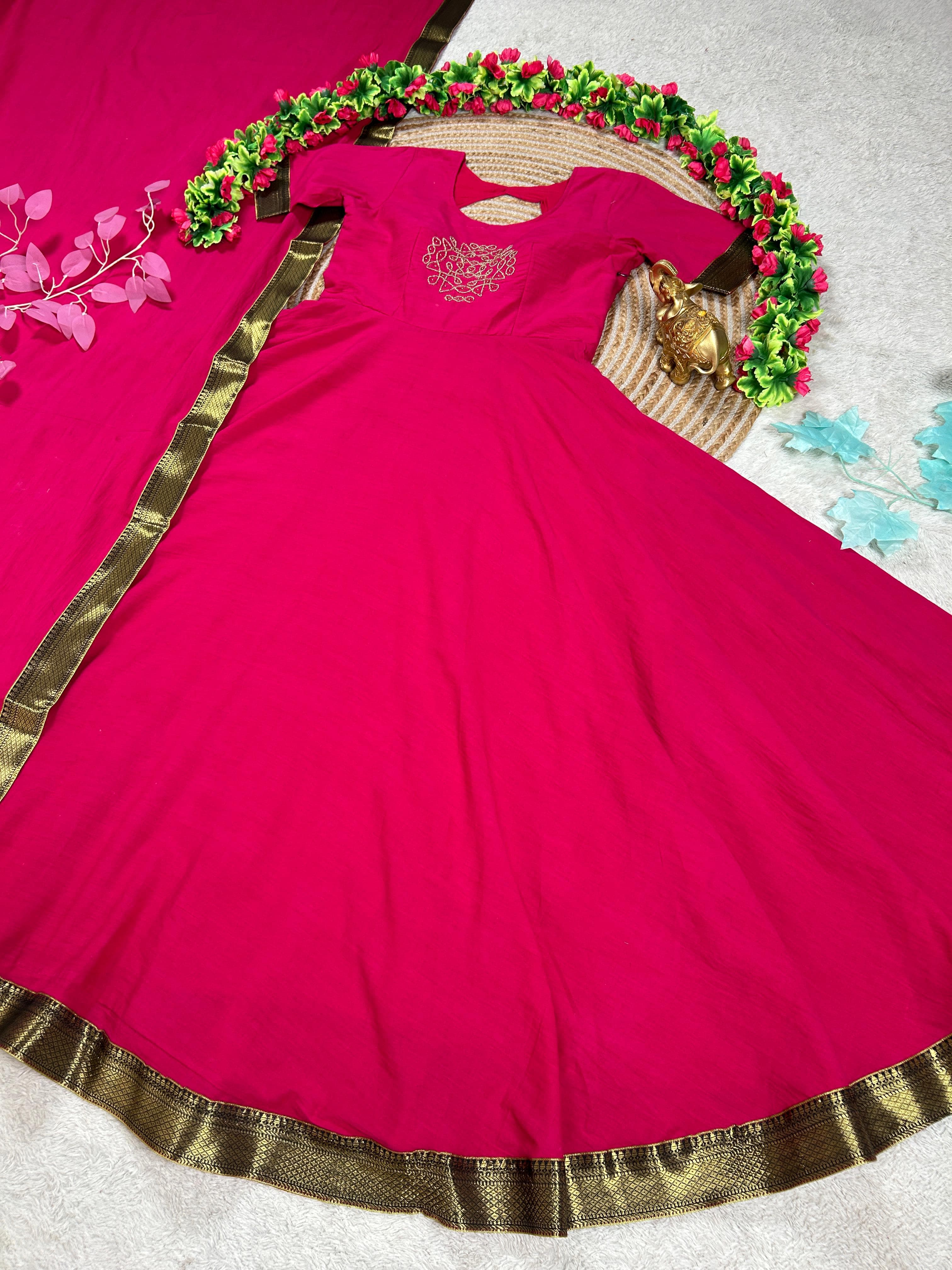 Mull cotton muggu design gown with duppata