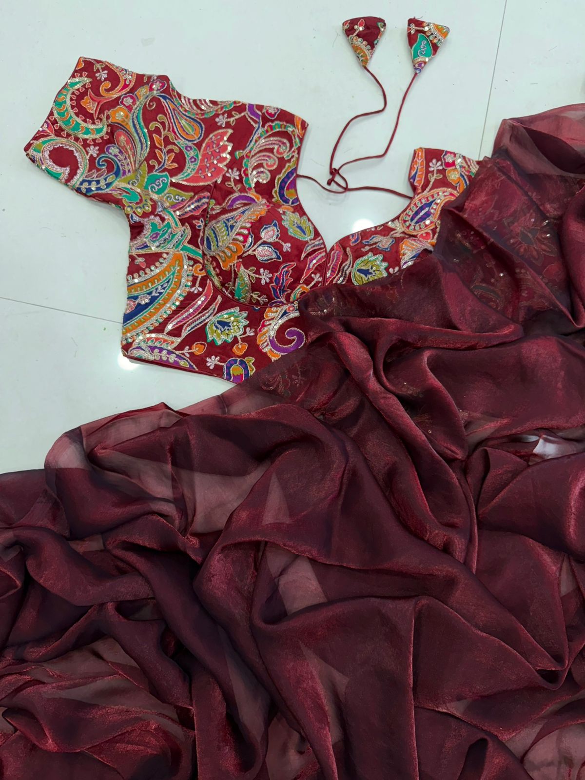 Space satin saree with position work blouse
