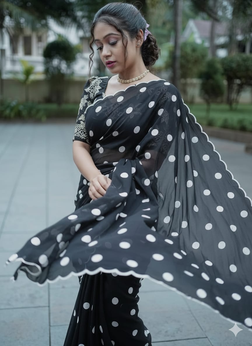 polka dot thread work scalp border saree