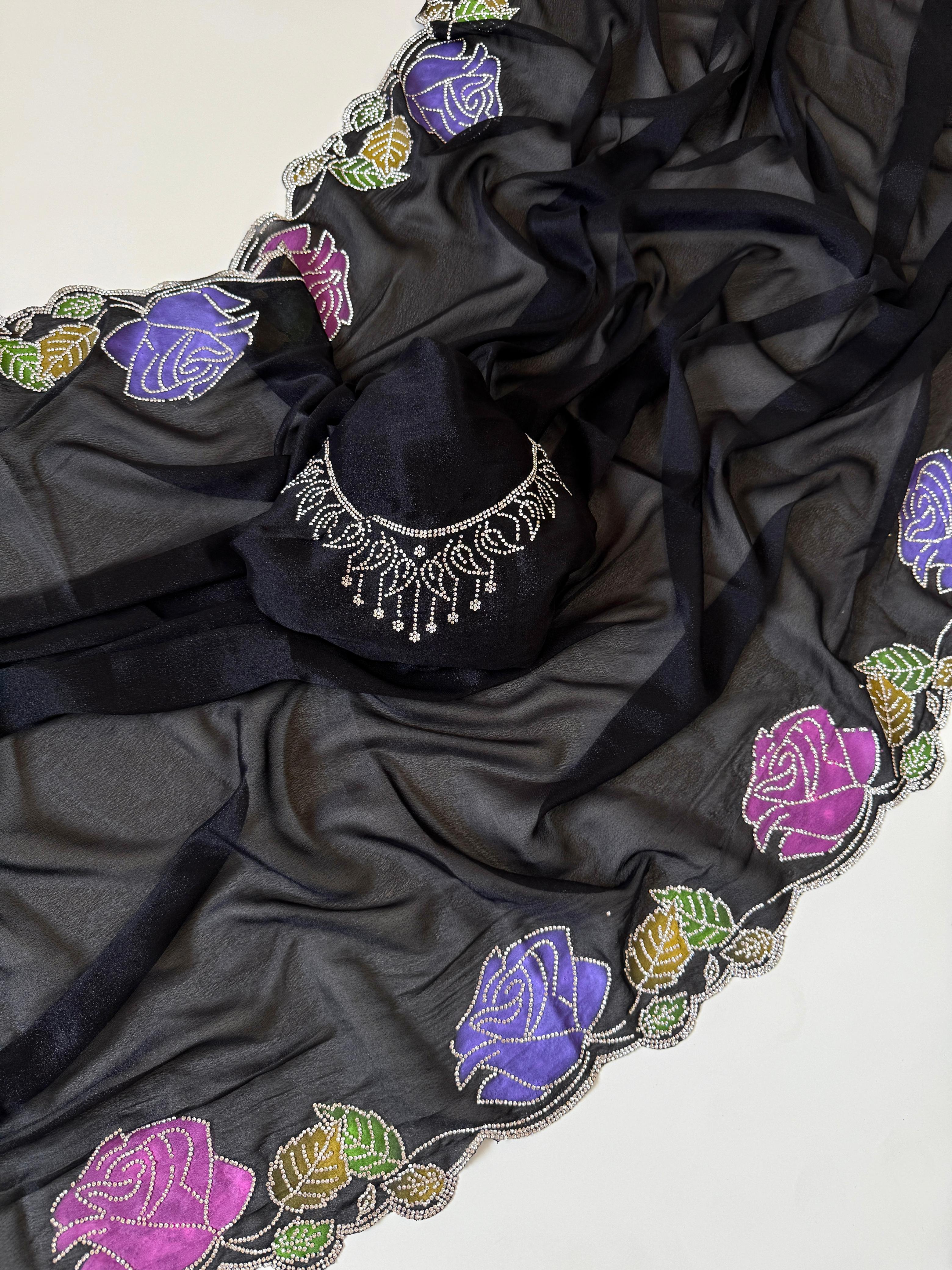 Star georgette hand painted Rose  jarkhana work saree