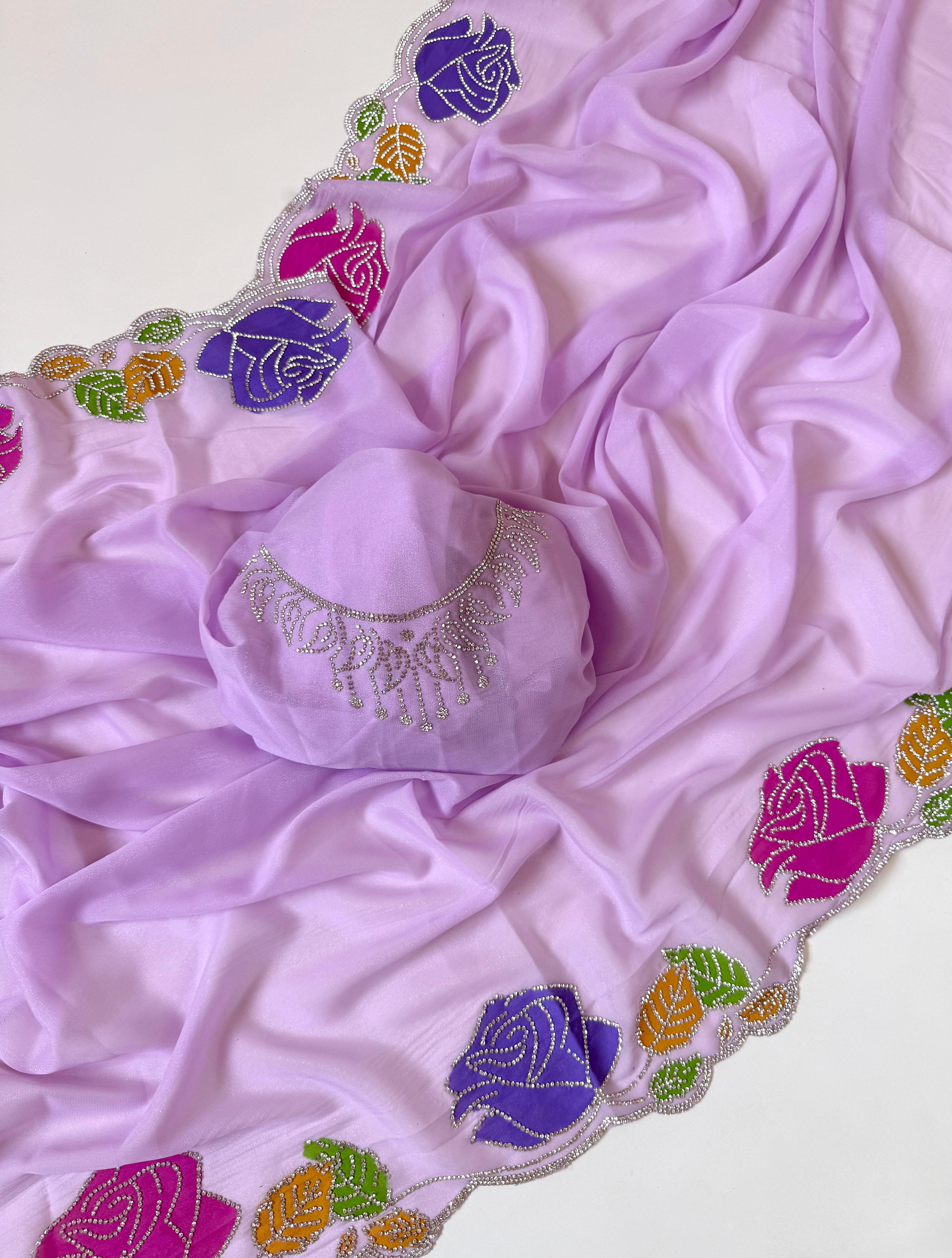 Star georgette hand painted Rose  jarkhana work saree