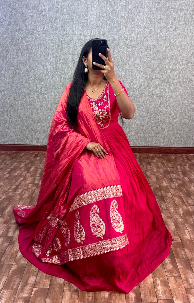 vichitra silk hand work gown with duppata