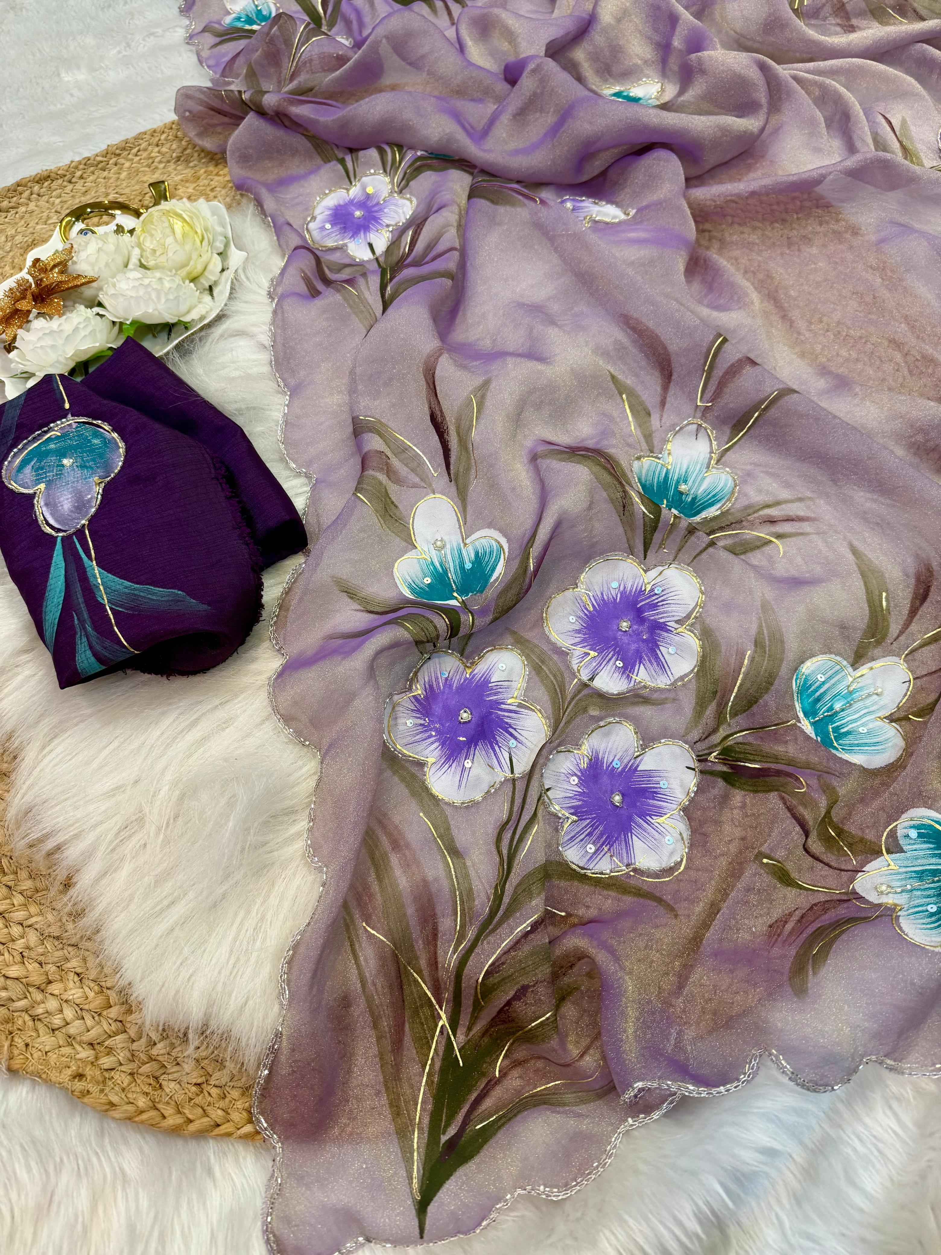 Moss shiffon hand brush flower paint saree