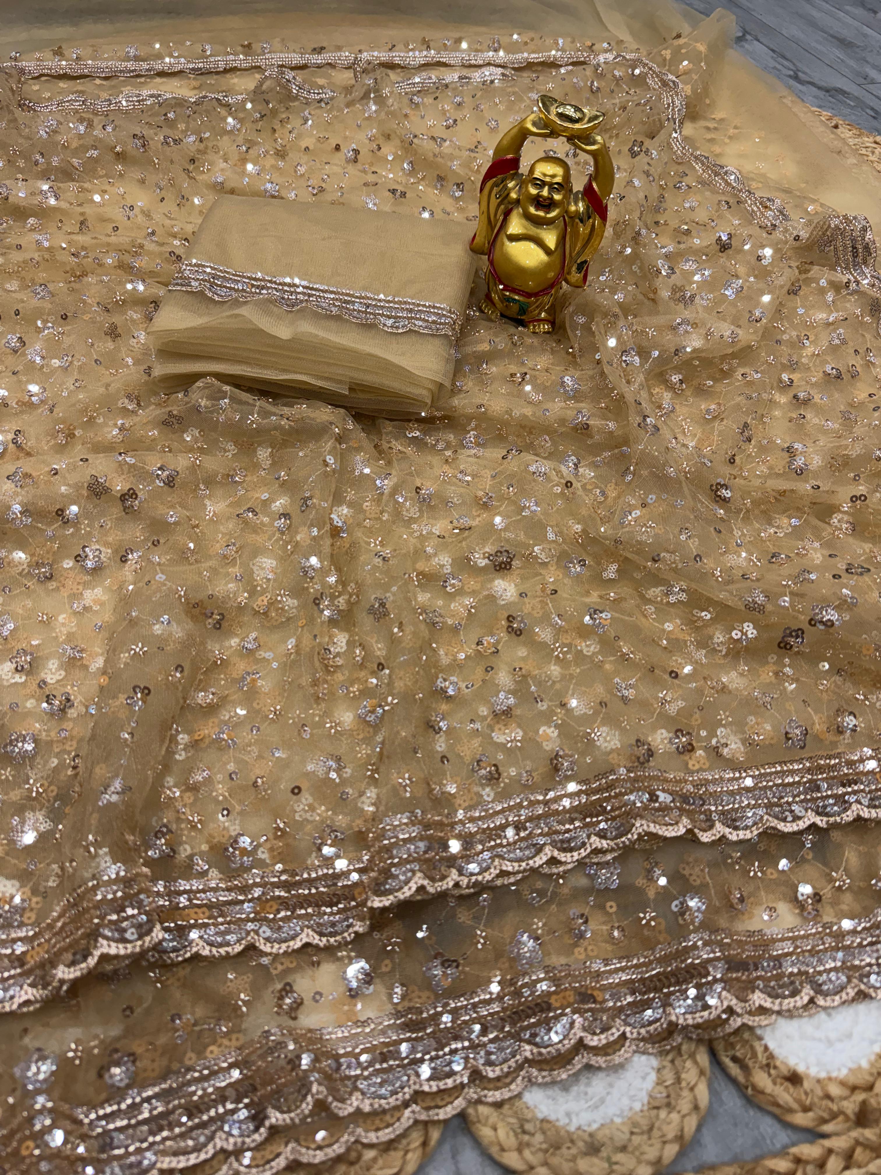 Party wear original gold beeds pure net work saree