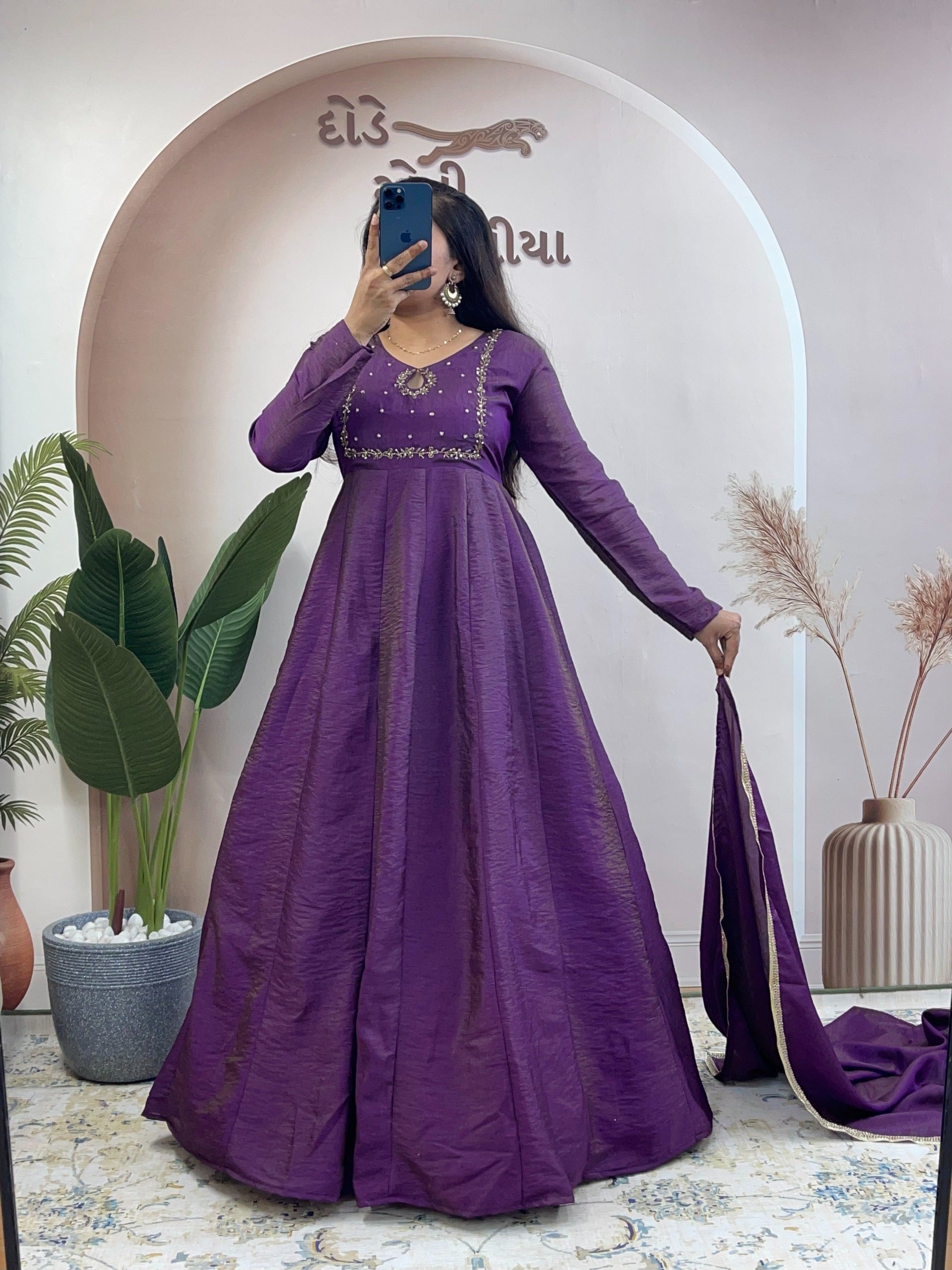 vichithra silk hand work gown with duppatta