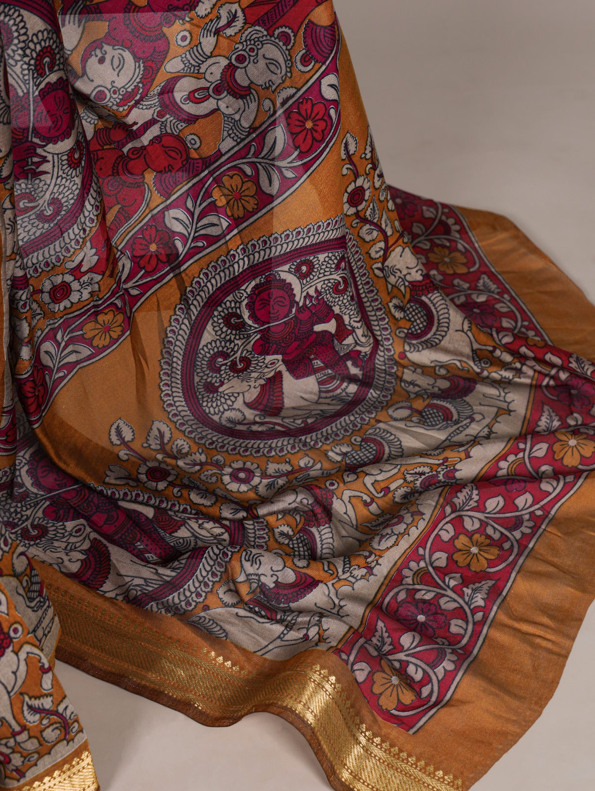 Elegant Kalamkari inspired print chenderi saree
