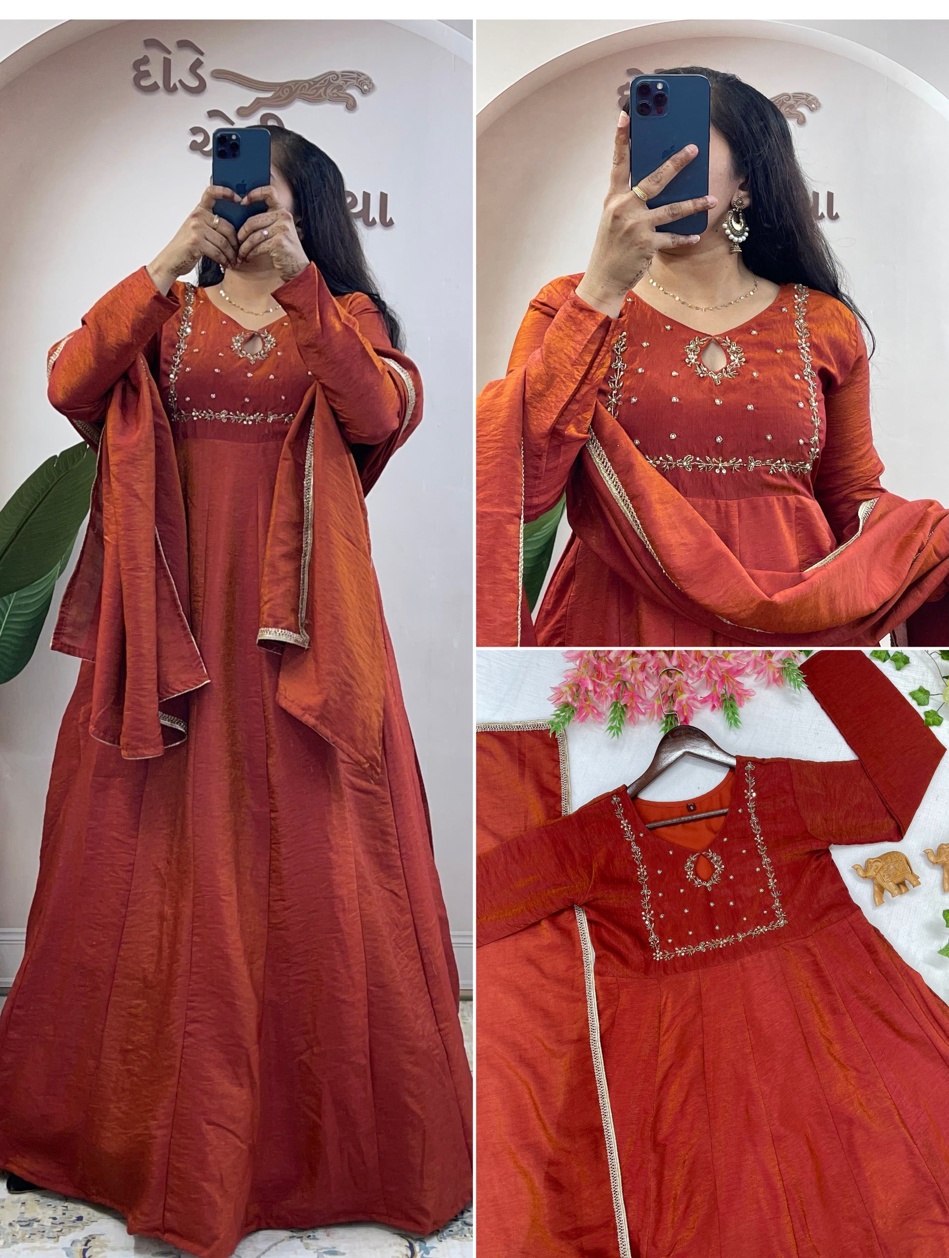 vichithra silk hand work gown with duppatta