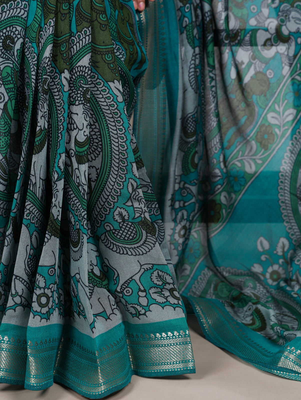 Elegant Kalamkari inspired print chenderi saree