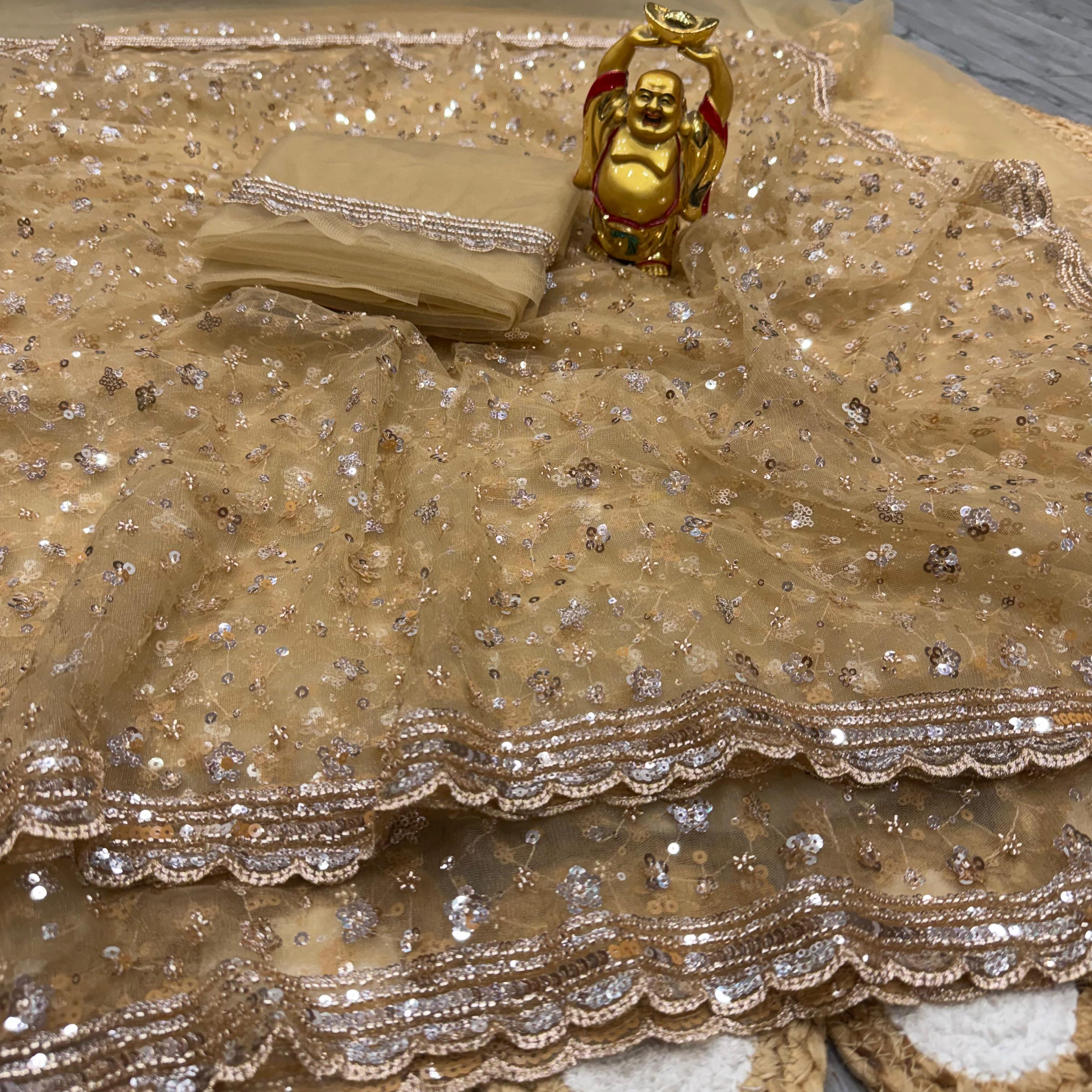 Party wear original gold beeds pure net work saree