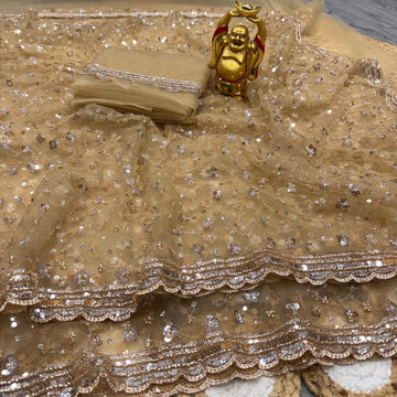 Party wear original gold beeds pure net work saree