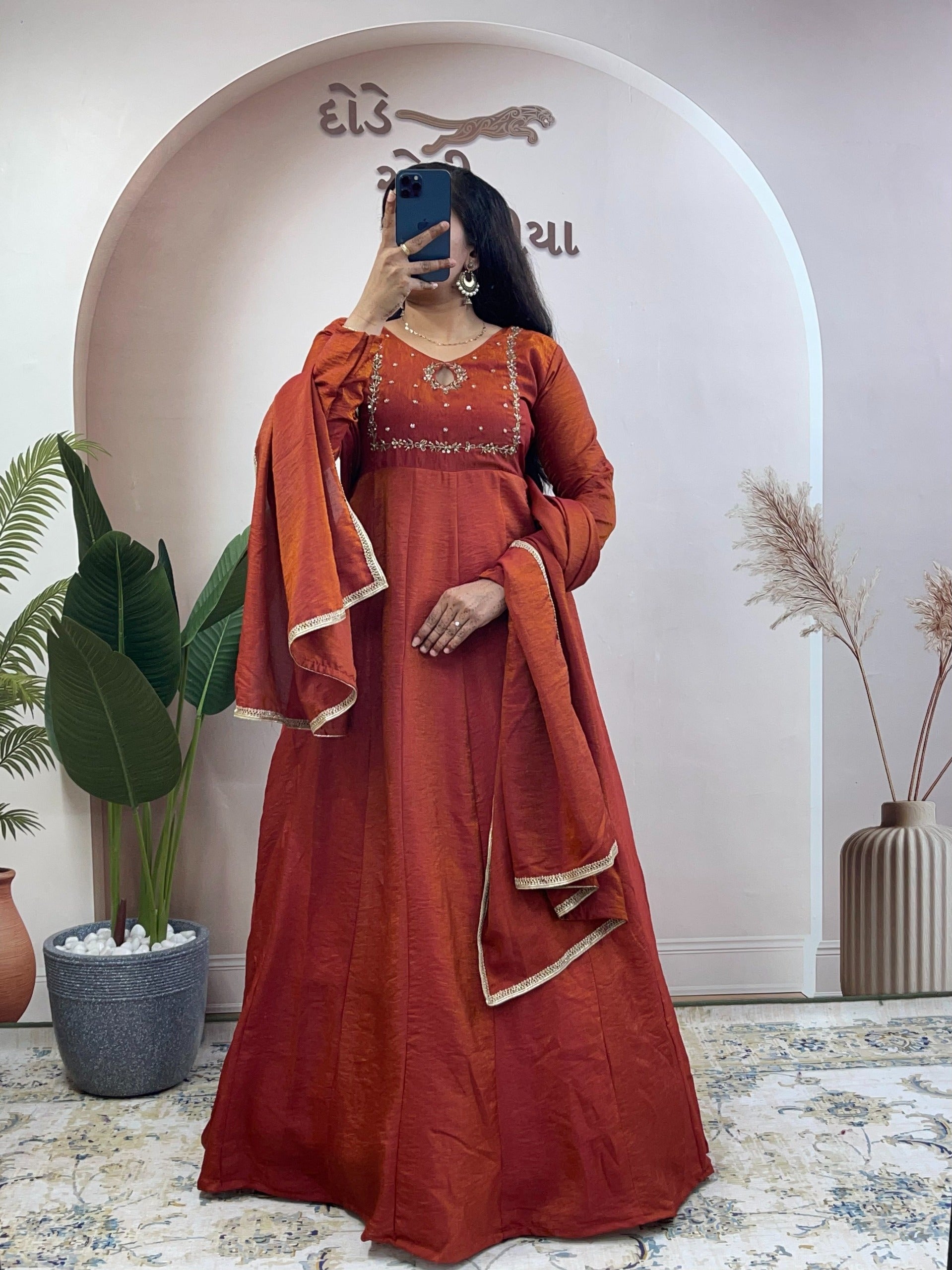 vichithra silk hand work gown with duppatta