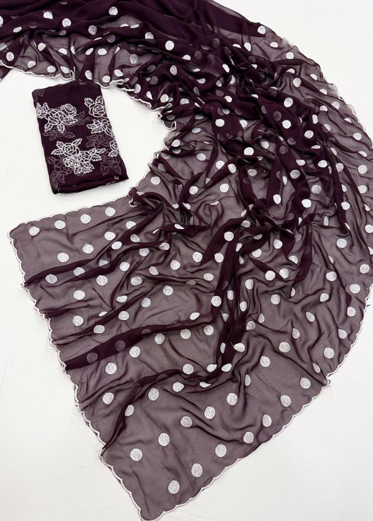 polka dot thread work scalp border saree
