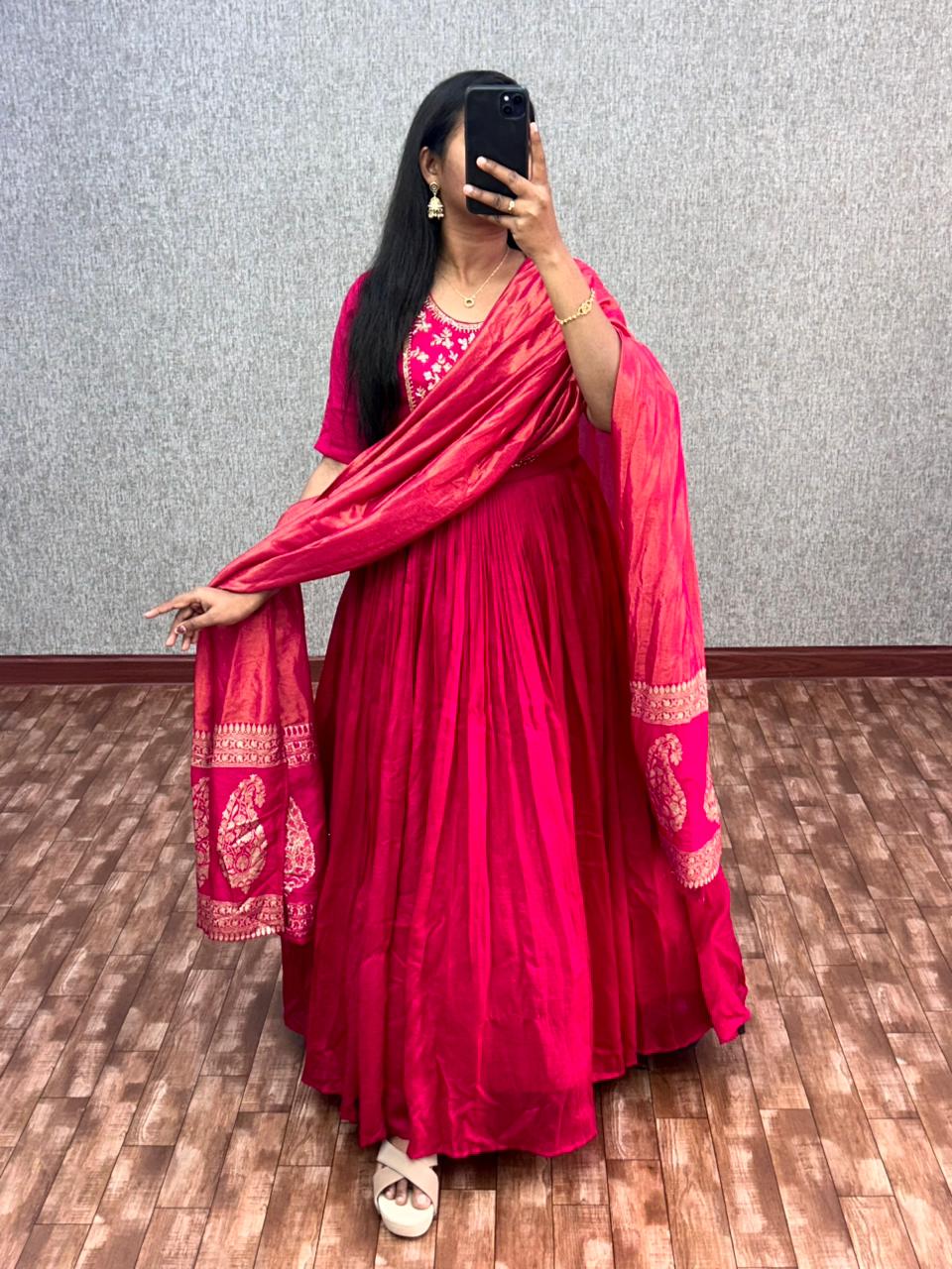 vichitra silk hand work gown with duppata