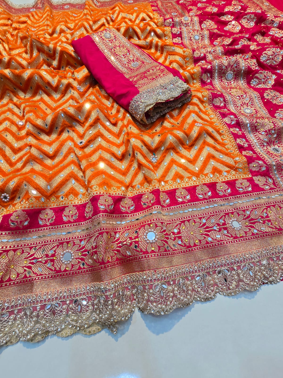 Benaresi khaddi georgette silk pearl lace work saree ✨