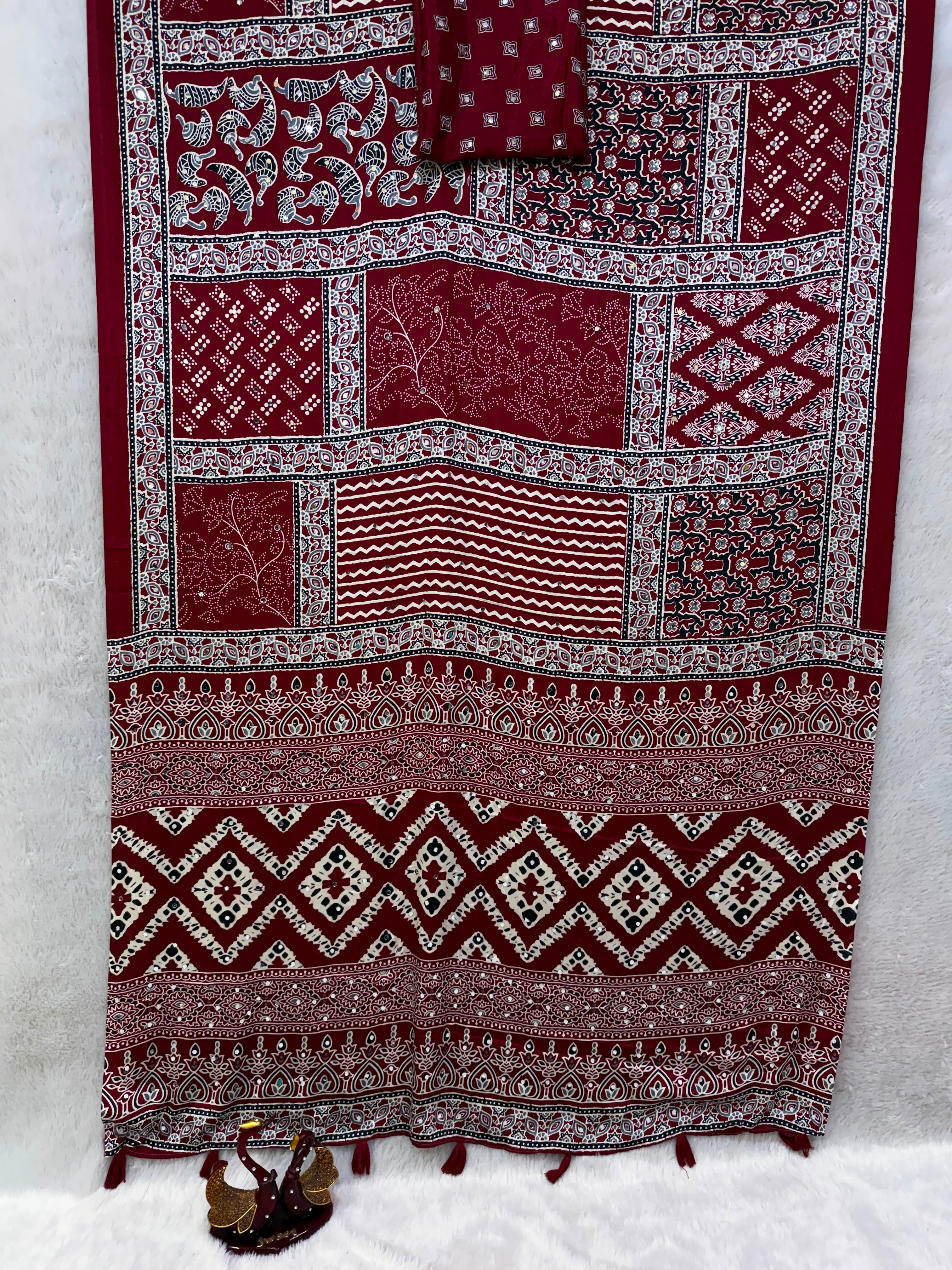 New design Ajrak real mirror work sarees