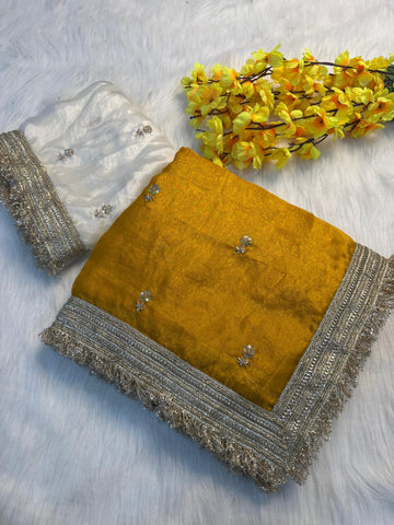 Fendy satin embroidery buti saree with sabhyasachi lace