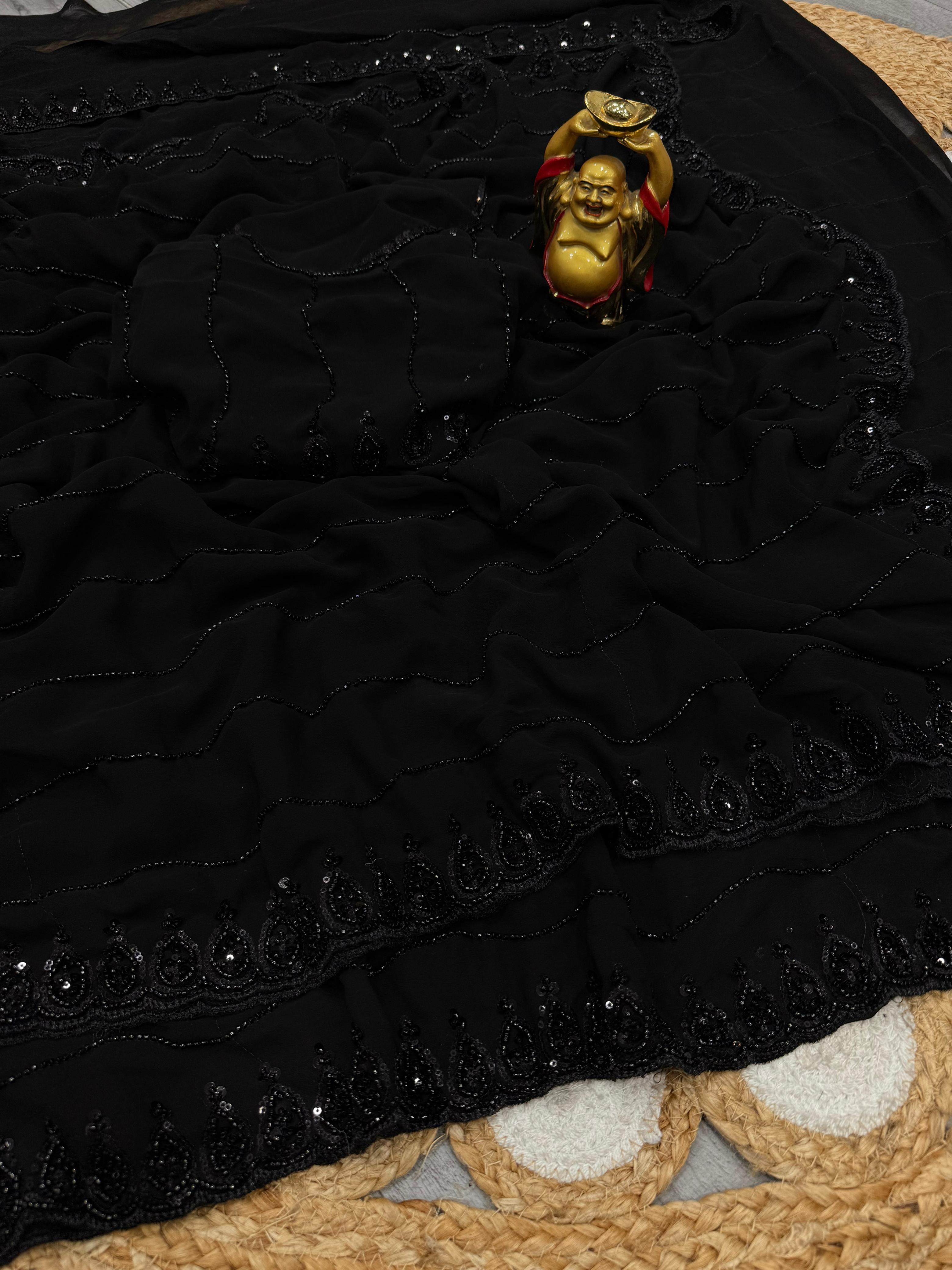 grand party wear beeds work black saree
