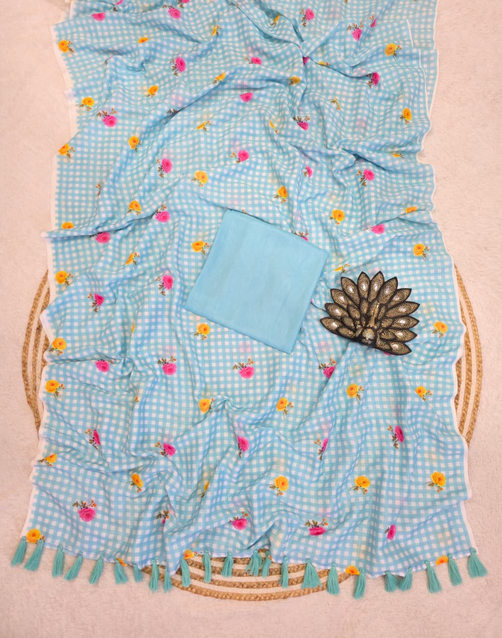 Mull cotton checks floral printed saree