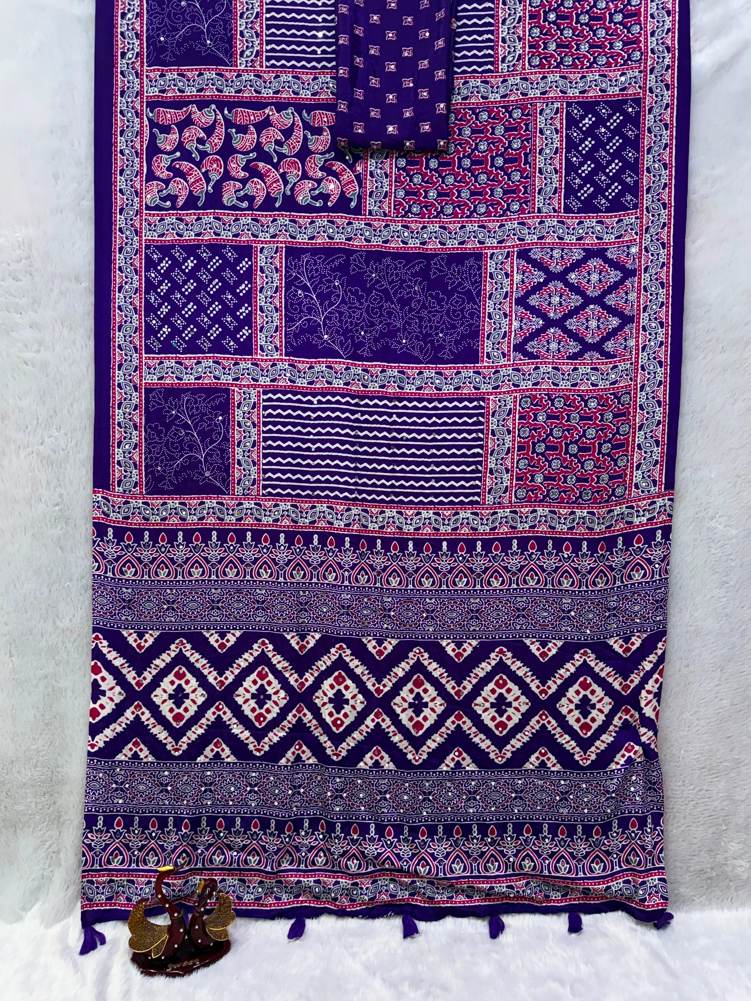 New design Ajrak real mirror work sarees