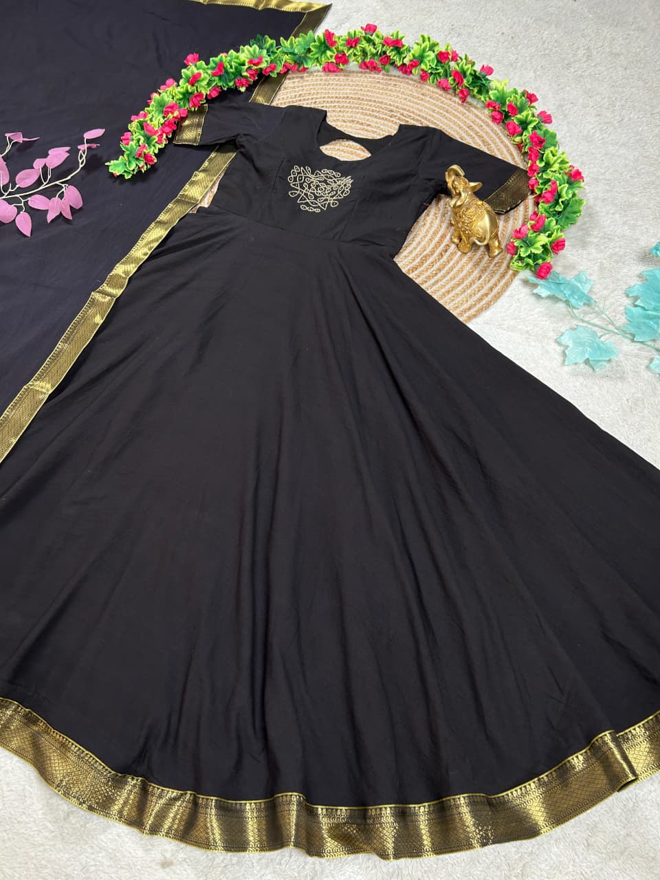 Mull cotton muggu design gown with duppata