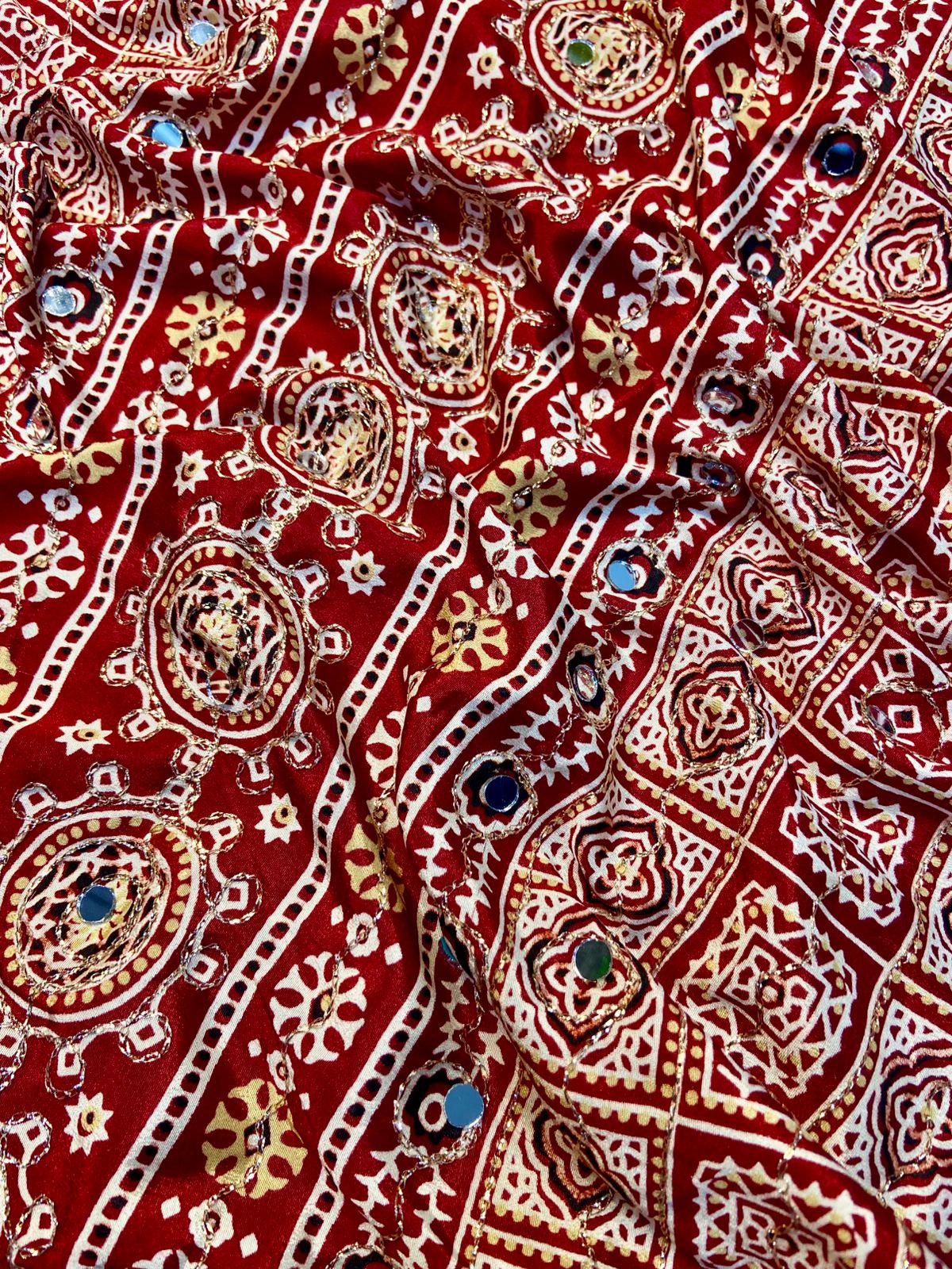 Ajrak model soft crepe silk mirror work saree