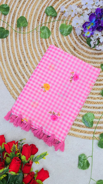 Mull cotton checks floral printed saree