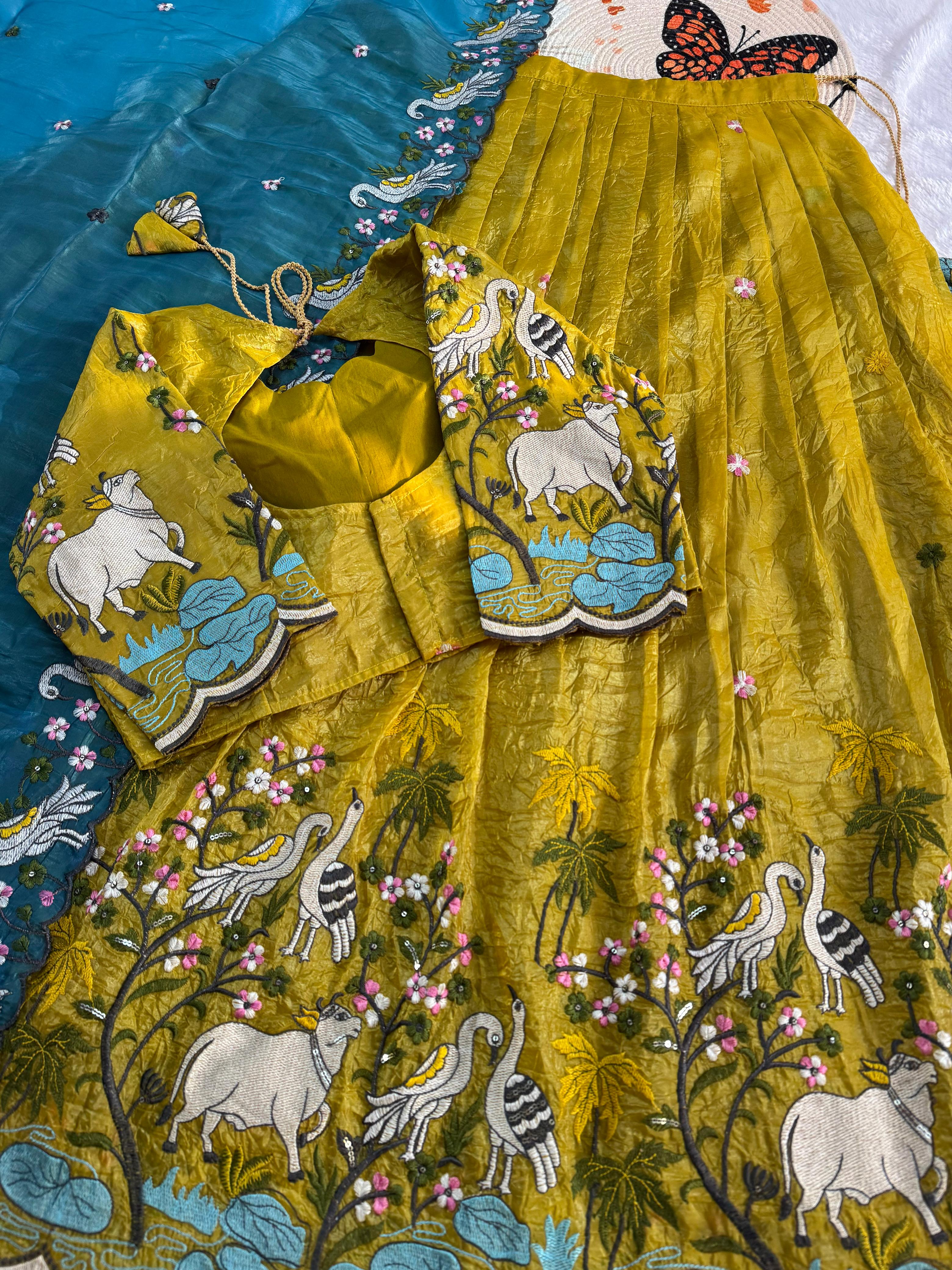 Pichwai embroidery crush silk lehenga