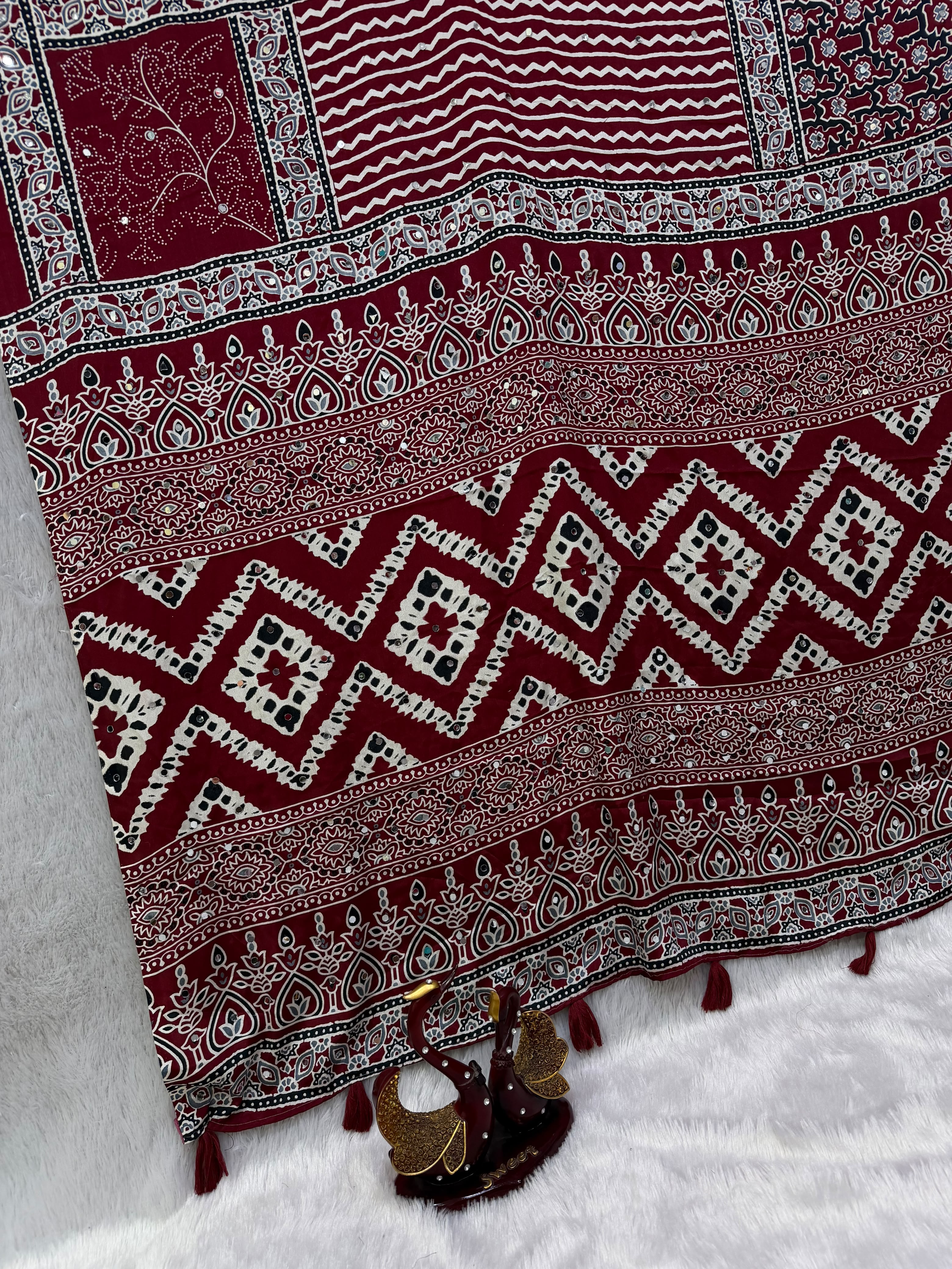 New design Ajrak real mirror work sarees
