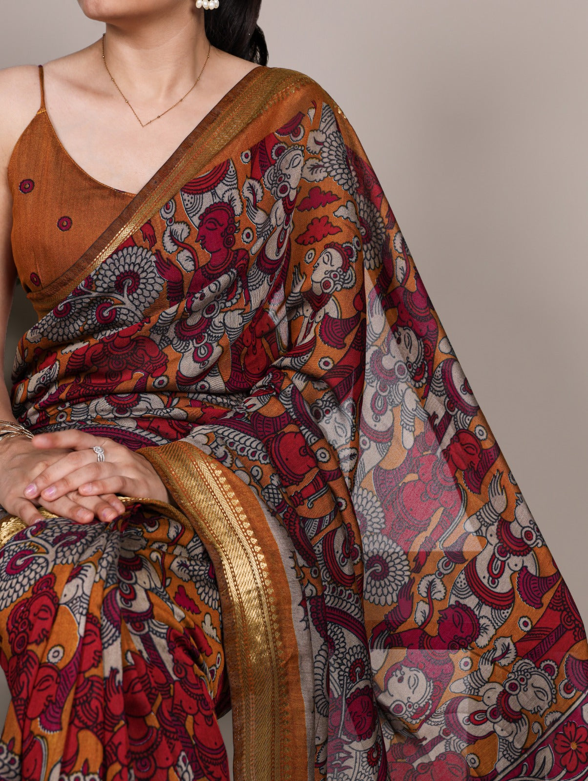 Elegant Kalamkari inspired print chenderi saree
