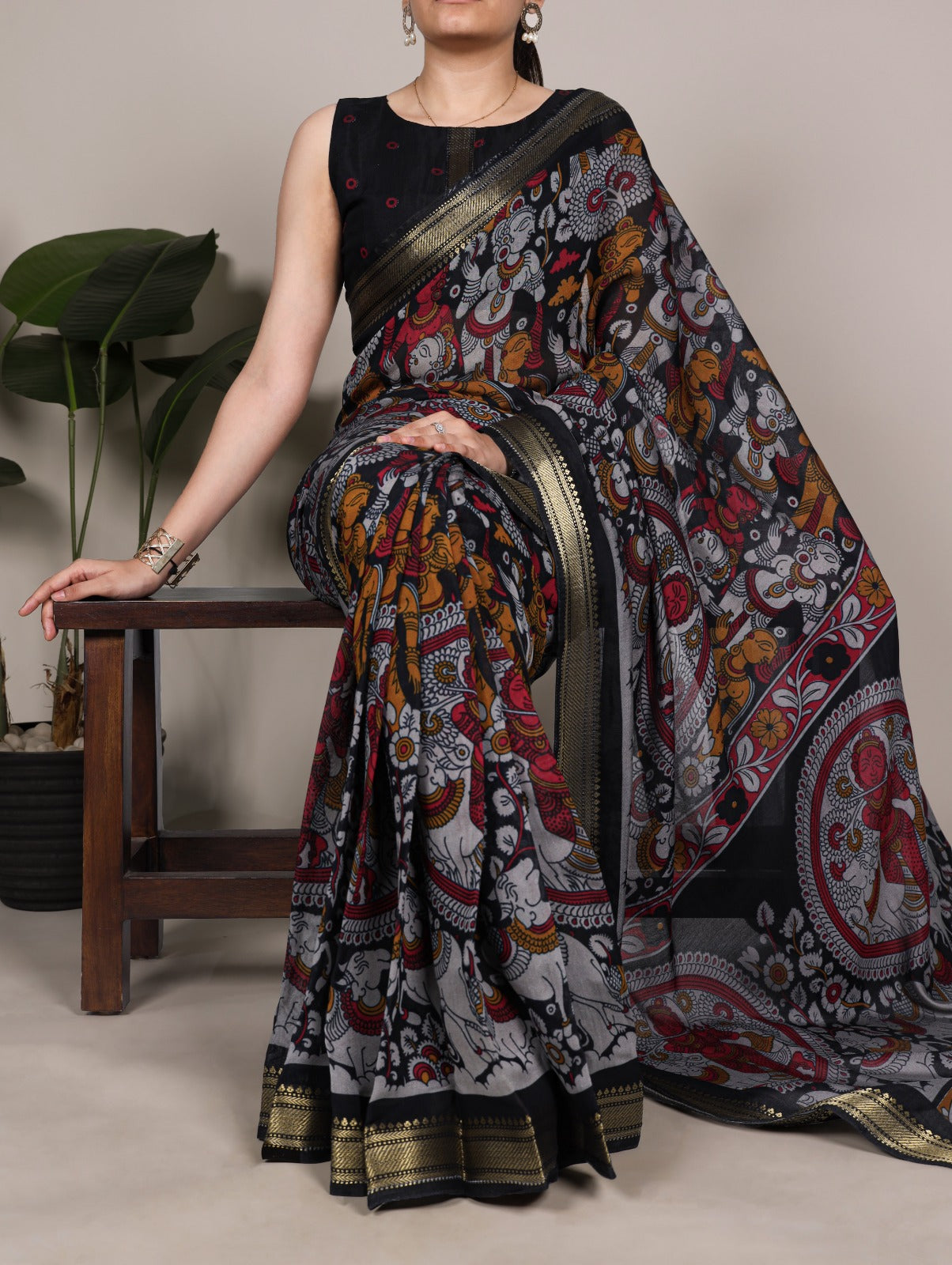 Elegant Kalamkari inspired print chenderi saree