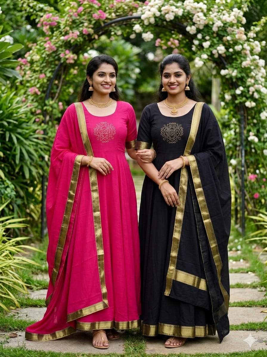 Mull cotton muggu design gown with duppata