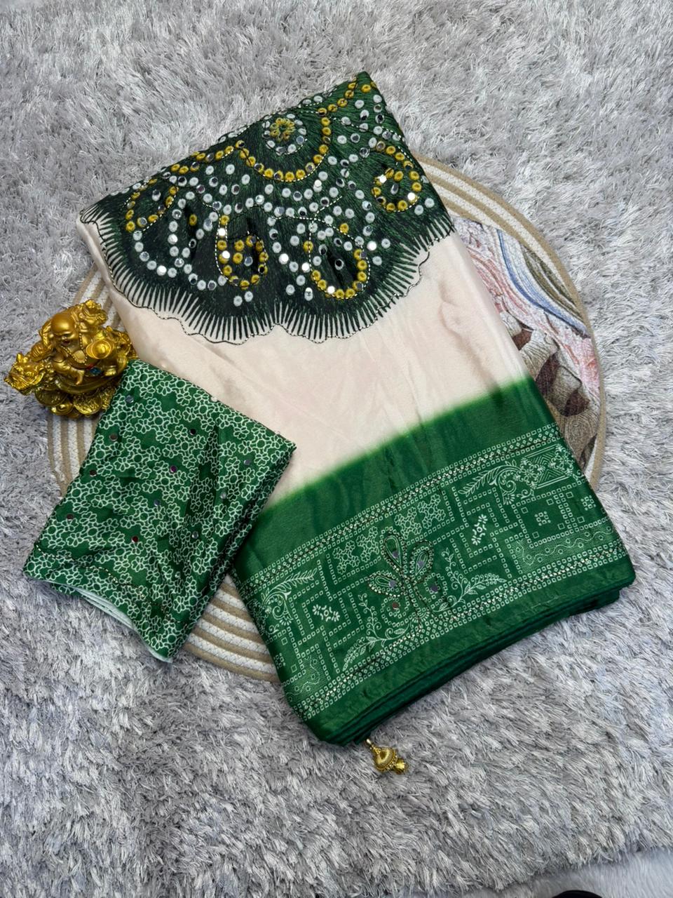 Marshmallow chinnon silk Ajrak print saree ✨