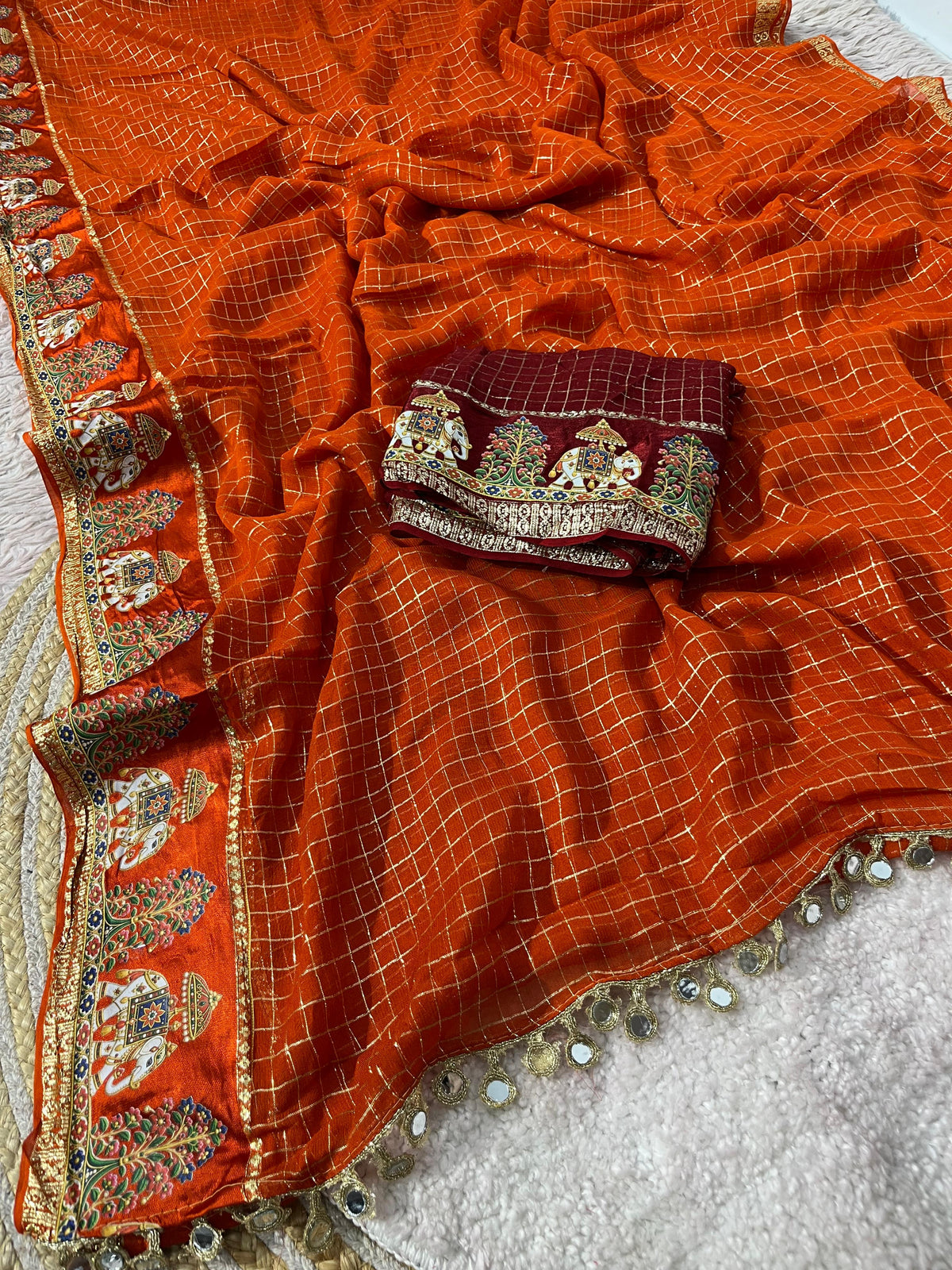Viscose checks mirror work border saree ✨