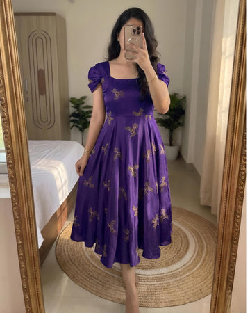 Rangoli silk sparrow beads work gown – Vedhatrendz