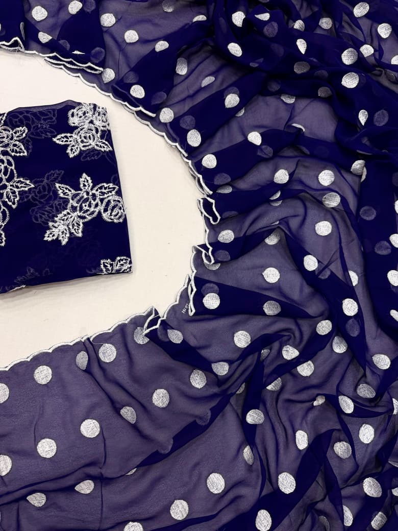 polka dot thread work scalp border saree