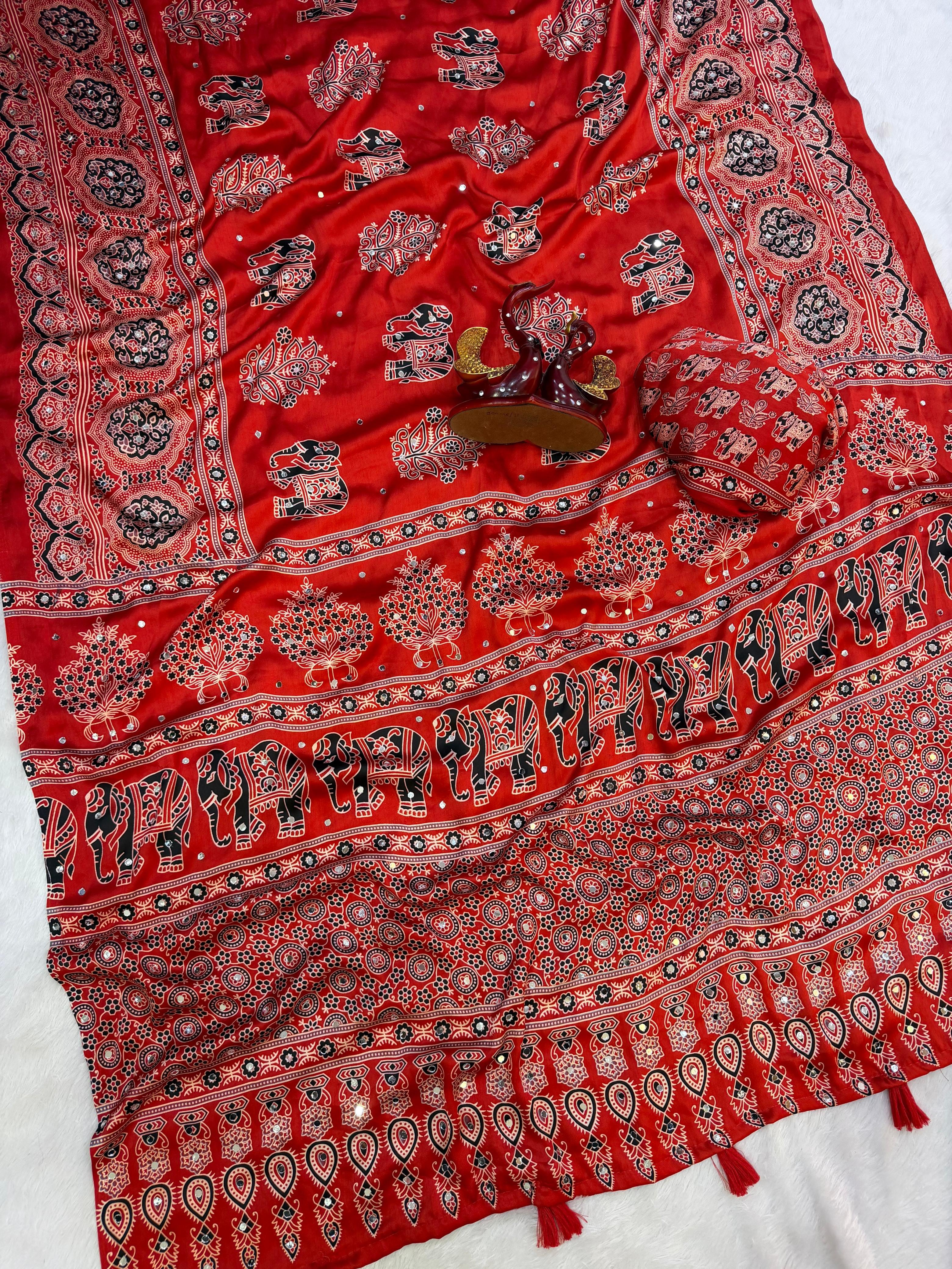 Japan satin beautiful Ajarakh print mirror work saree ✨