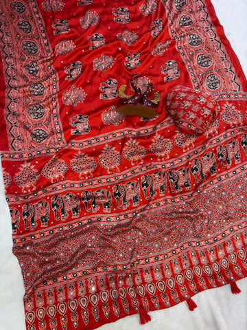 Japan satin beautiful Ajarakh print mirror work saree ✨