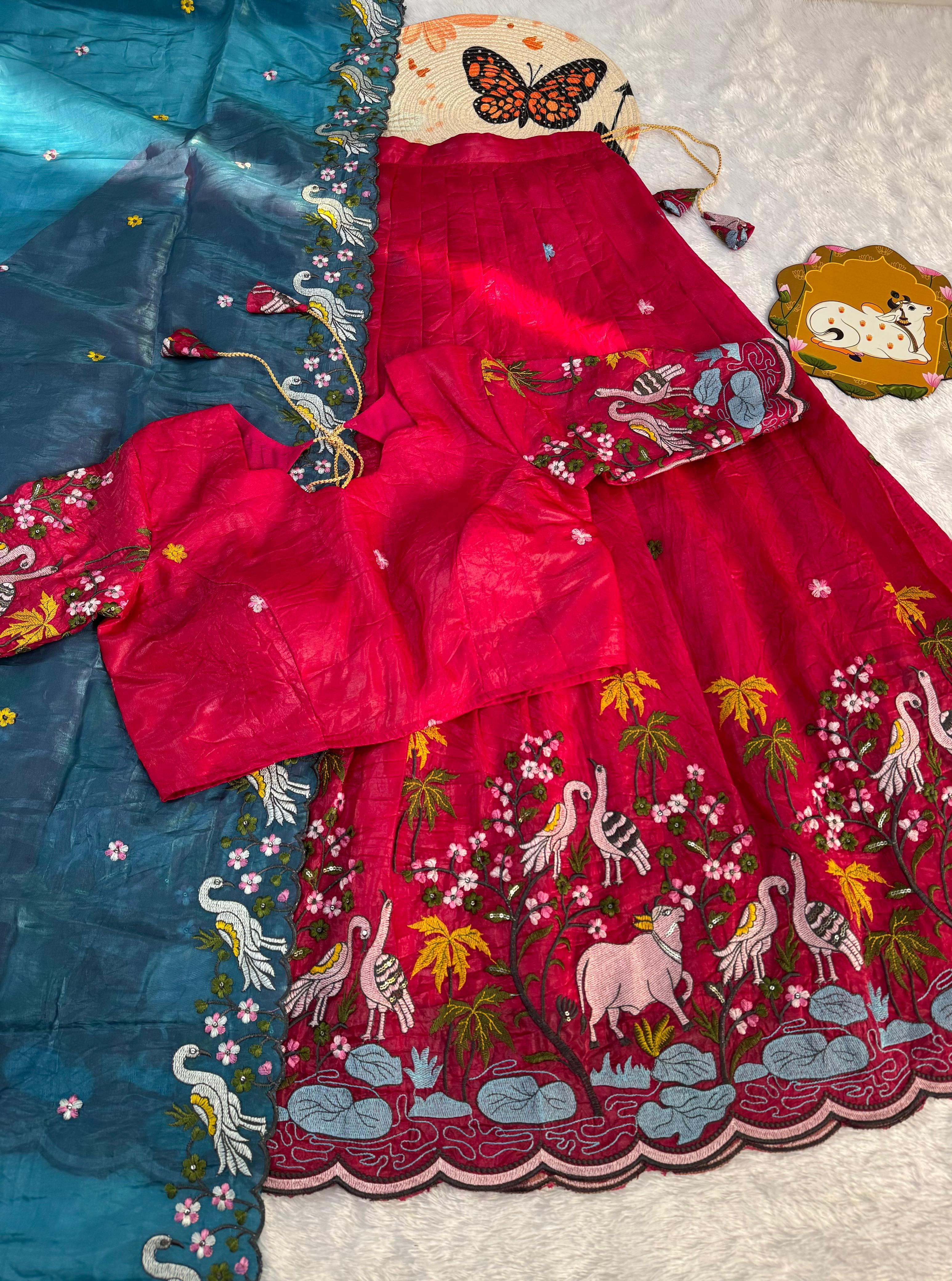Pichwai embroidery crush silk lehenga