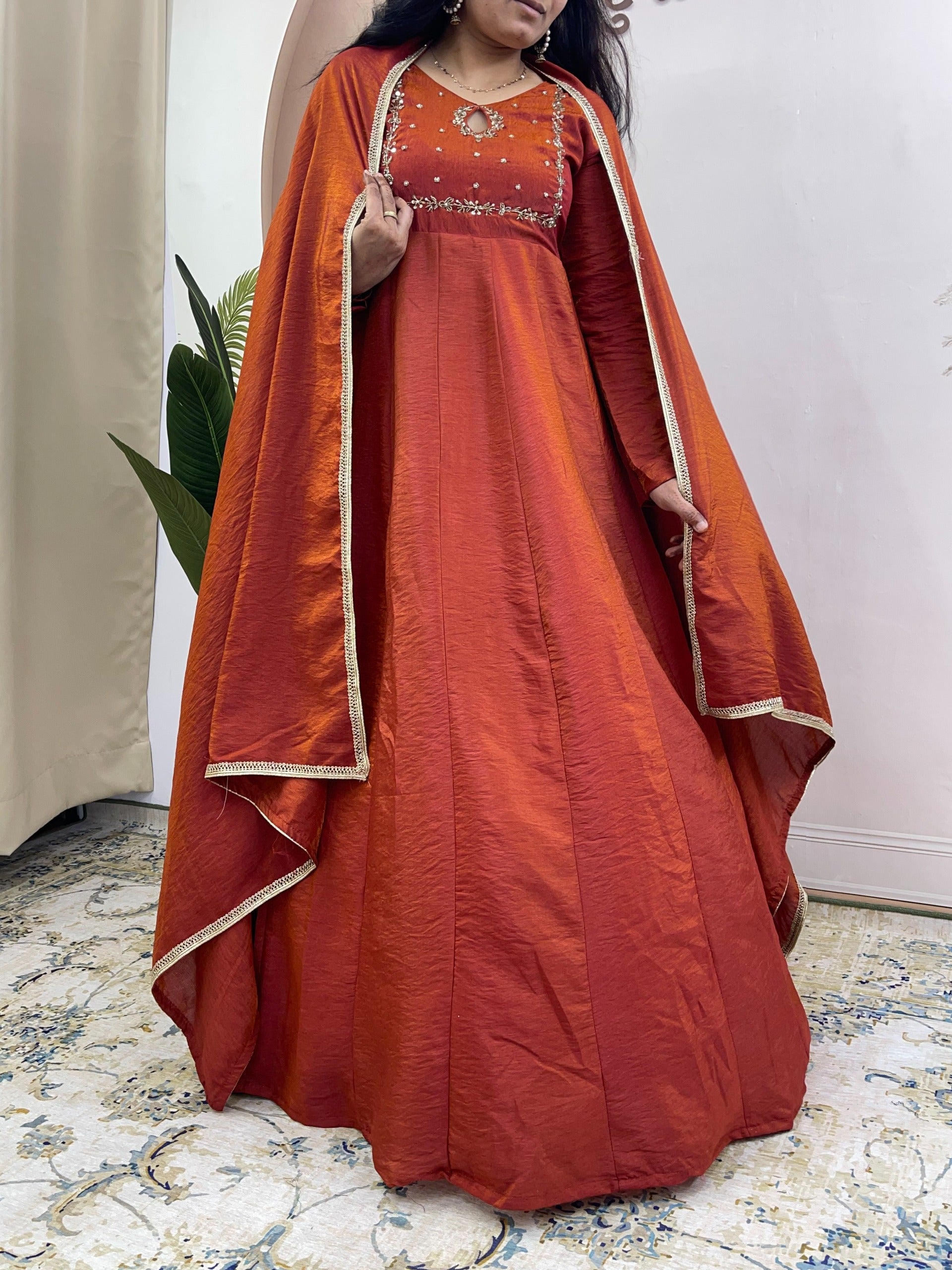 vichithra silk hand work gown with duppatta