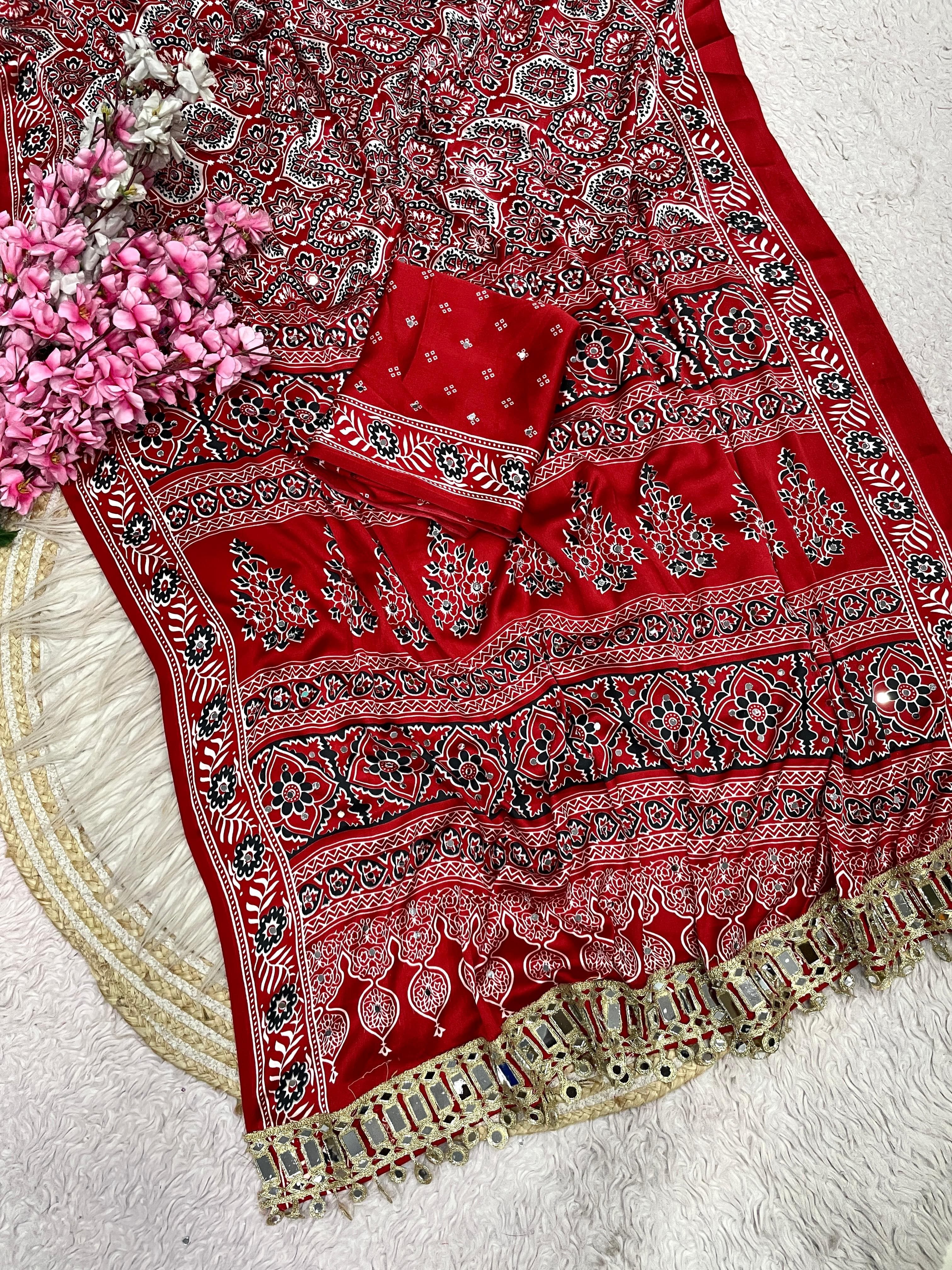 Ajrak satin viscose silk saree ✨