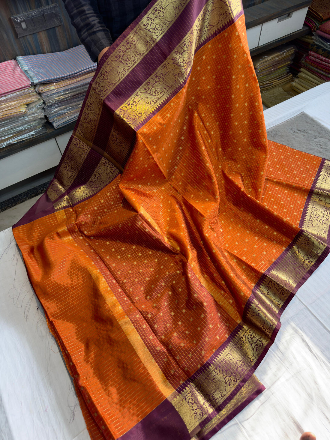 Benaresi soft silk checks buti weaving saree